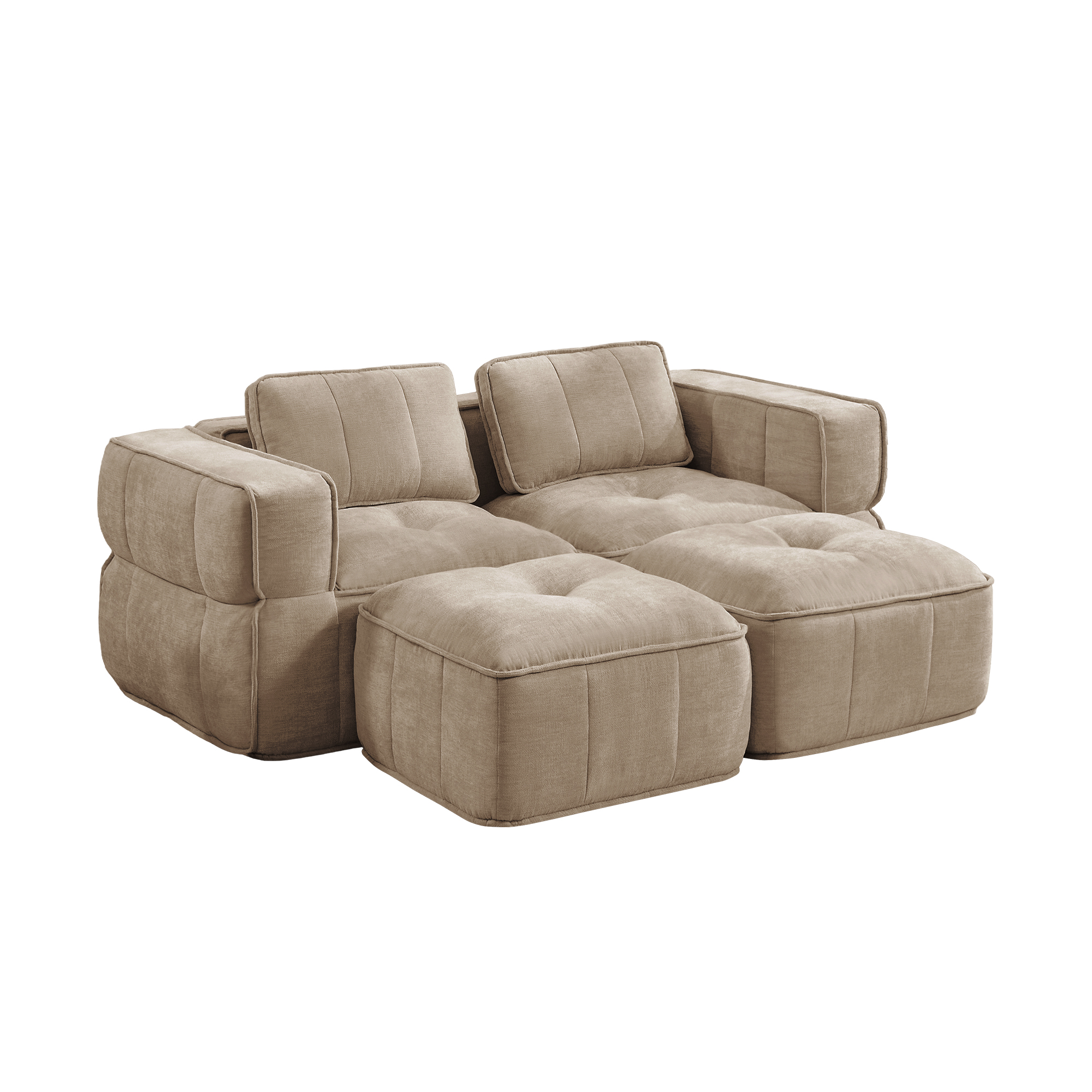 2-sitssoffa med 2 fotpallar, minimalistisk, polyester-sandfärgad