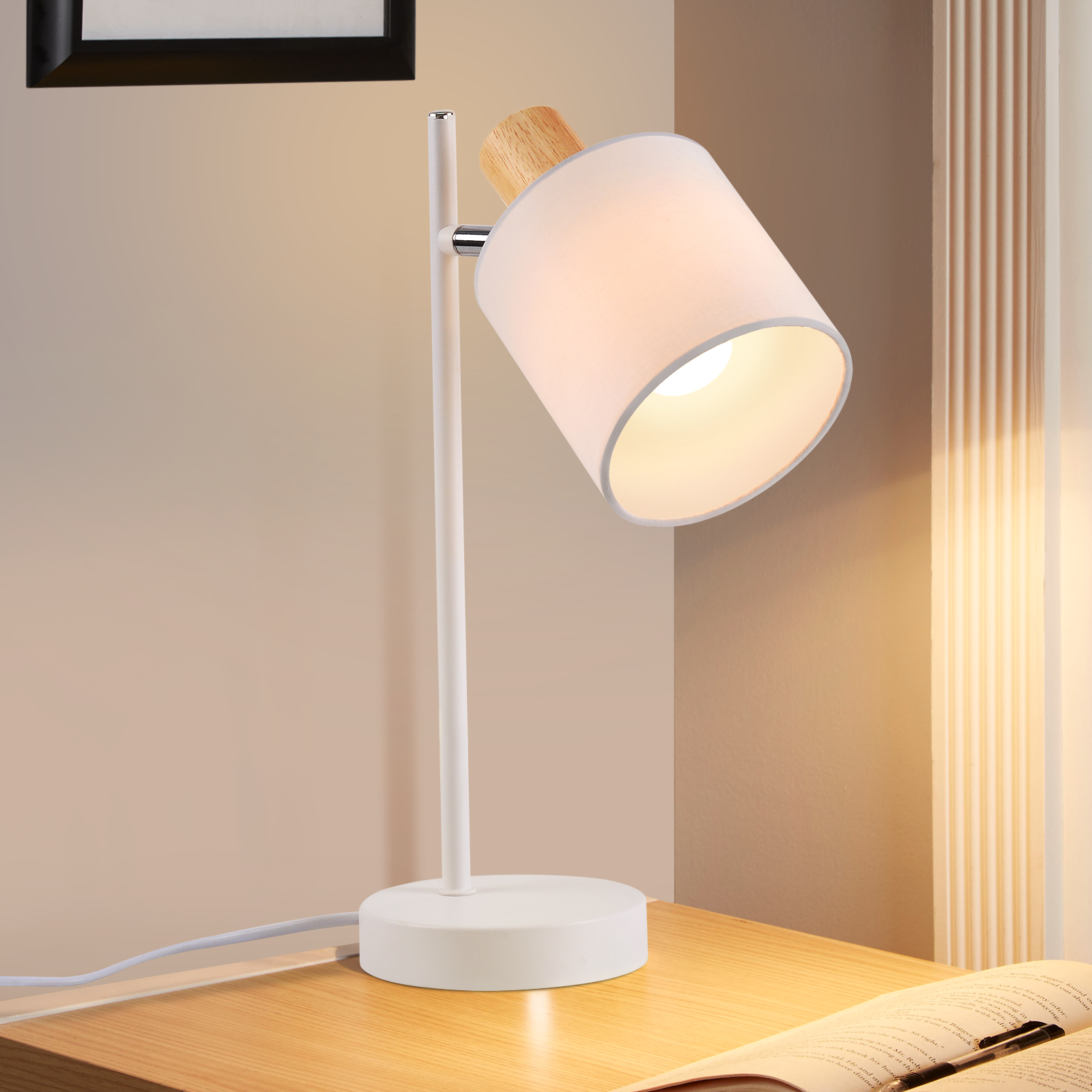 NETTLIFE Vintage nattlampa i trä 35,5 cm E14 vit bordslampa i tyg med strömbrytare, justerbar utan glödlampa