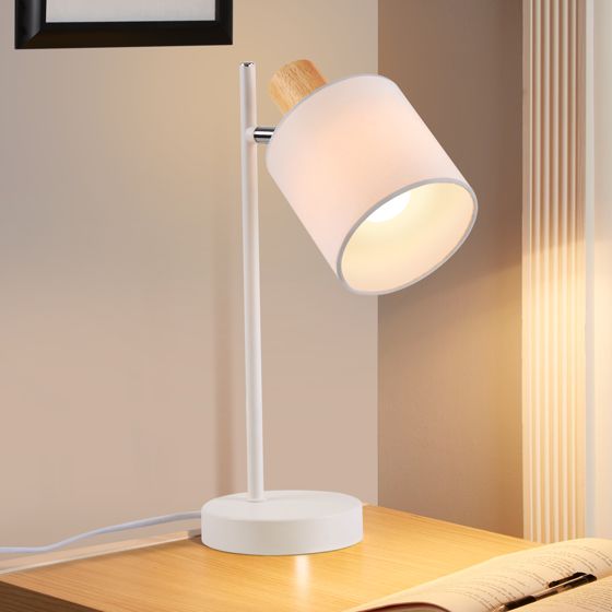 NETTLIFE Vintage nattlampa i trä 35,5 cm E14 vit bordslampa i tyg med strömbrytare, justerbar utan glödlampa