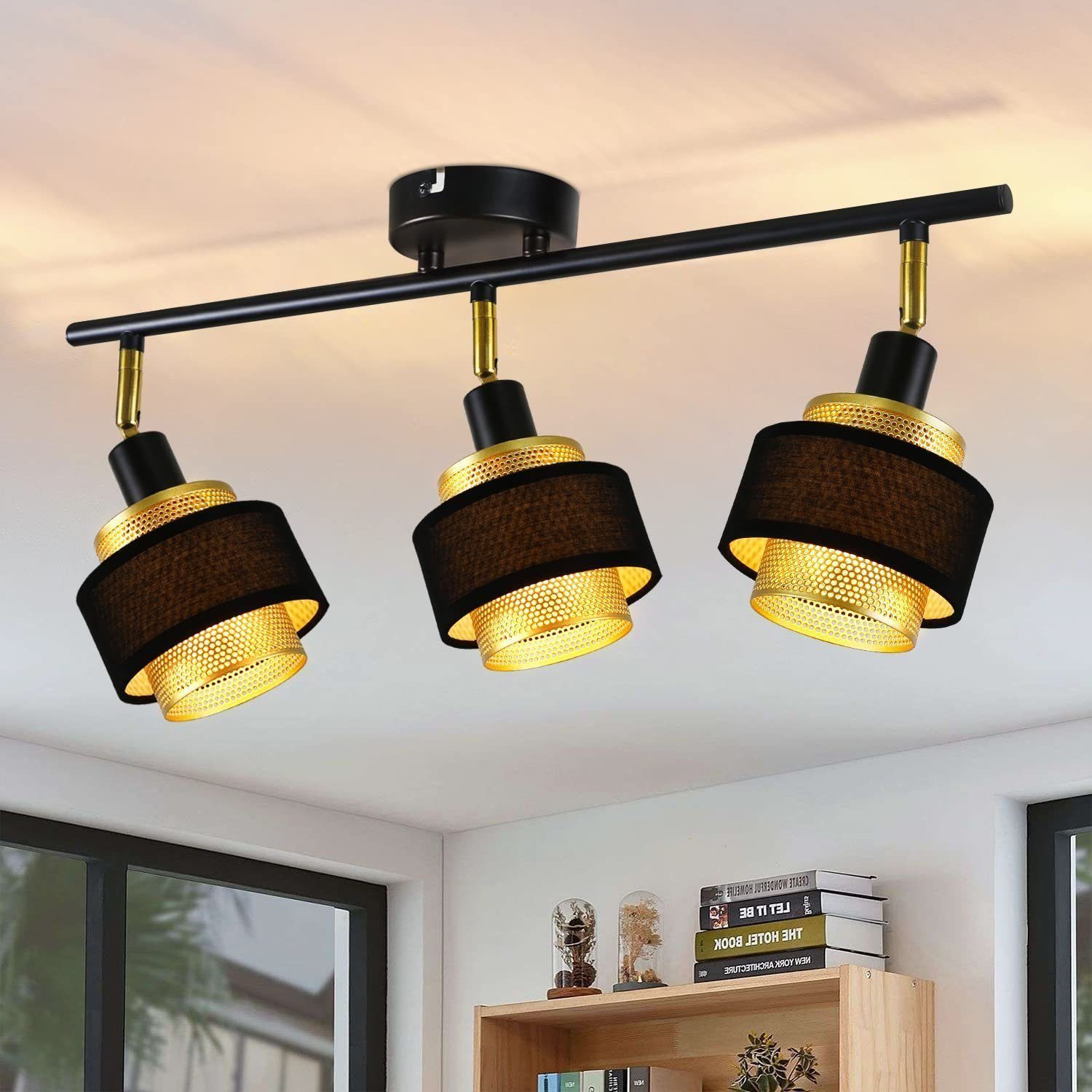 NETTLIFE Taklampa med 3 ljuskällor, E14, svart, vintagestil, retroflamma, för sovrum, gyllene metall, justerbar, industriell stil