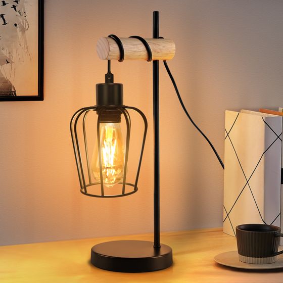 NETTLIFE bordslampa – svart vintagelampa i trä och metall, E27 (utan glödlampa)