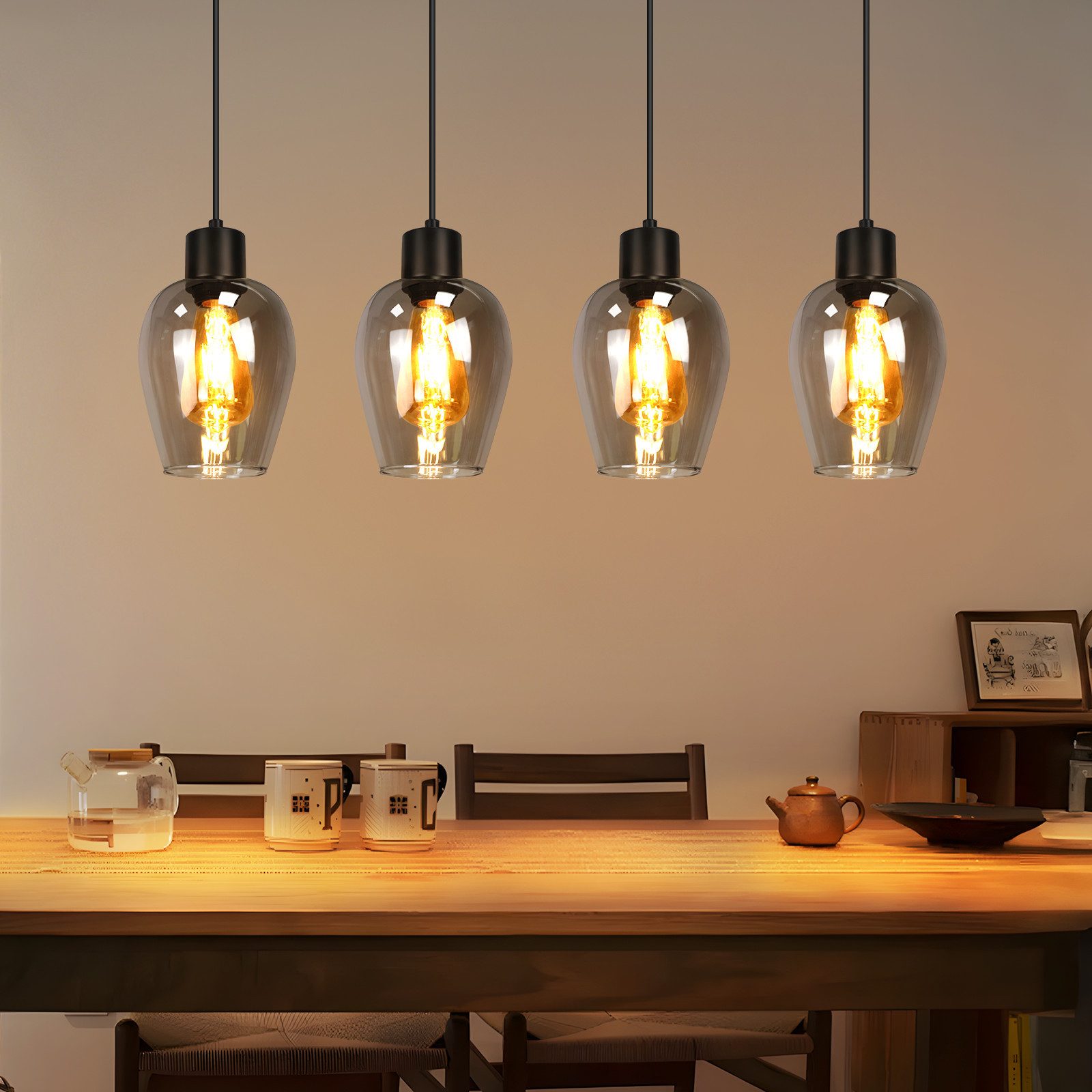 NETTLIFE Svart matbordslampa i rökfärgat vintageglas E27-lampa för kök eller sovrum utan ljuskälla