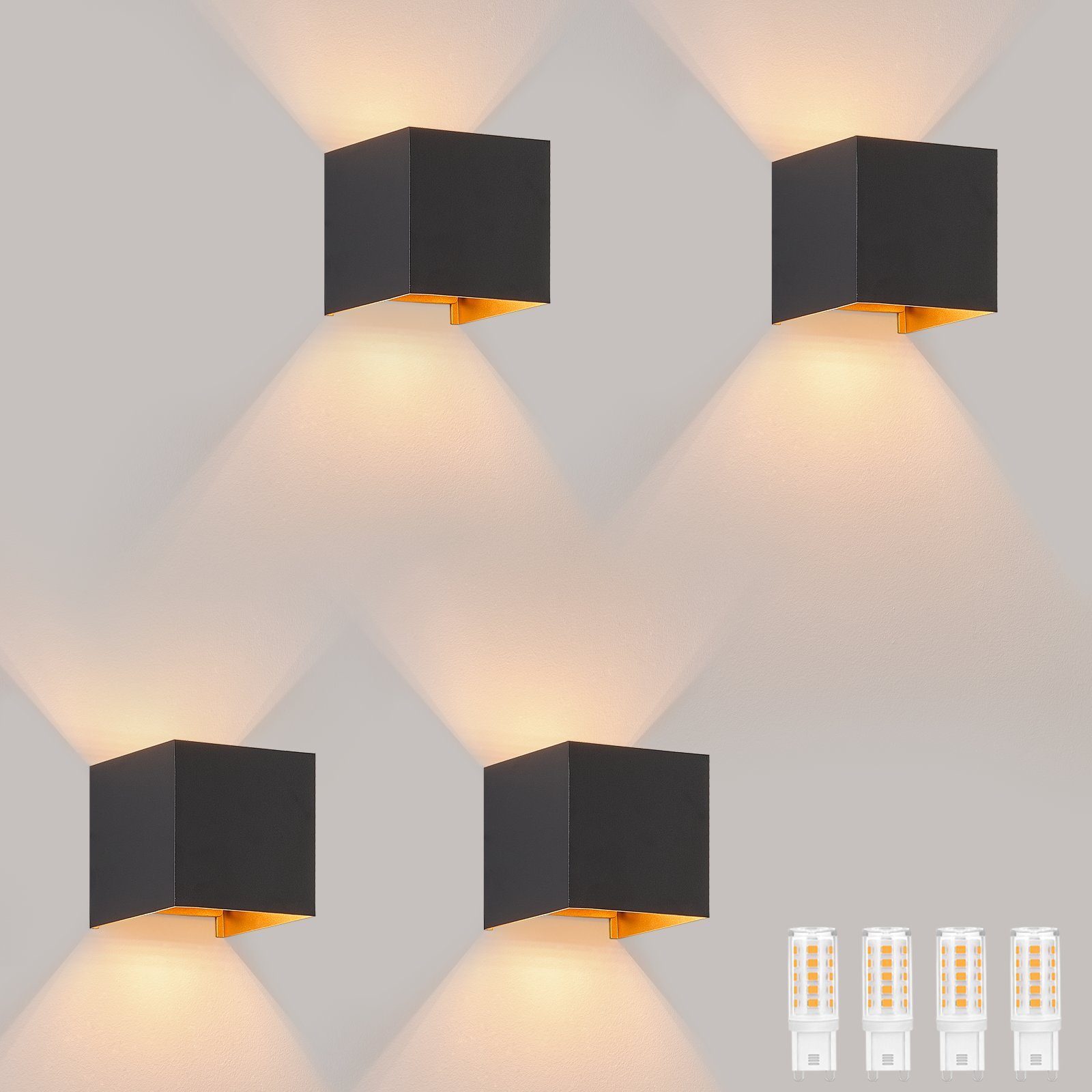NETTLIFE LED - vägglampa, 3W, 4 st - G9, vägglampa för utomhus-/inomhusbruk, svart och guld Vattentät Dubbelstrålande, justerbar, IP65 230V, 3000K