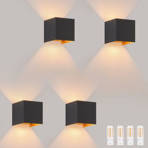 NETTLIFE LED - vägglampa, 3W, 4 st - G9, vägglampa för utomhus-/inomhusbruk, svart och guld Vattentät Dubbelstrålande, justerbar, IP65 230V, 3000K
