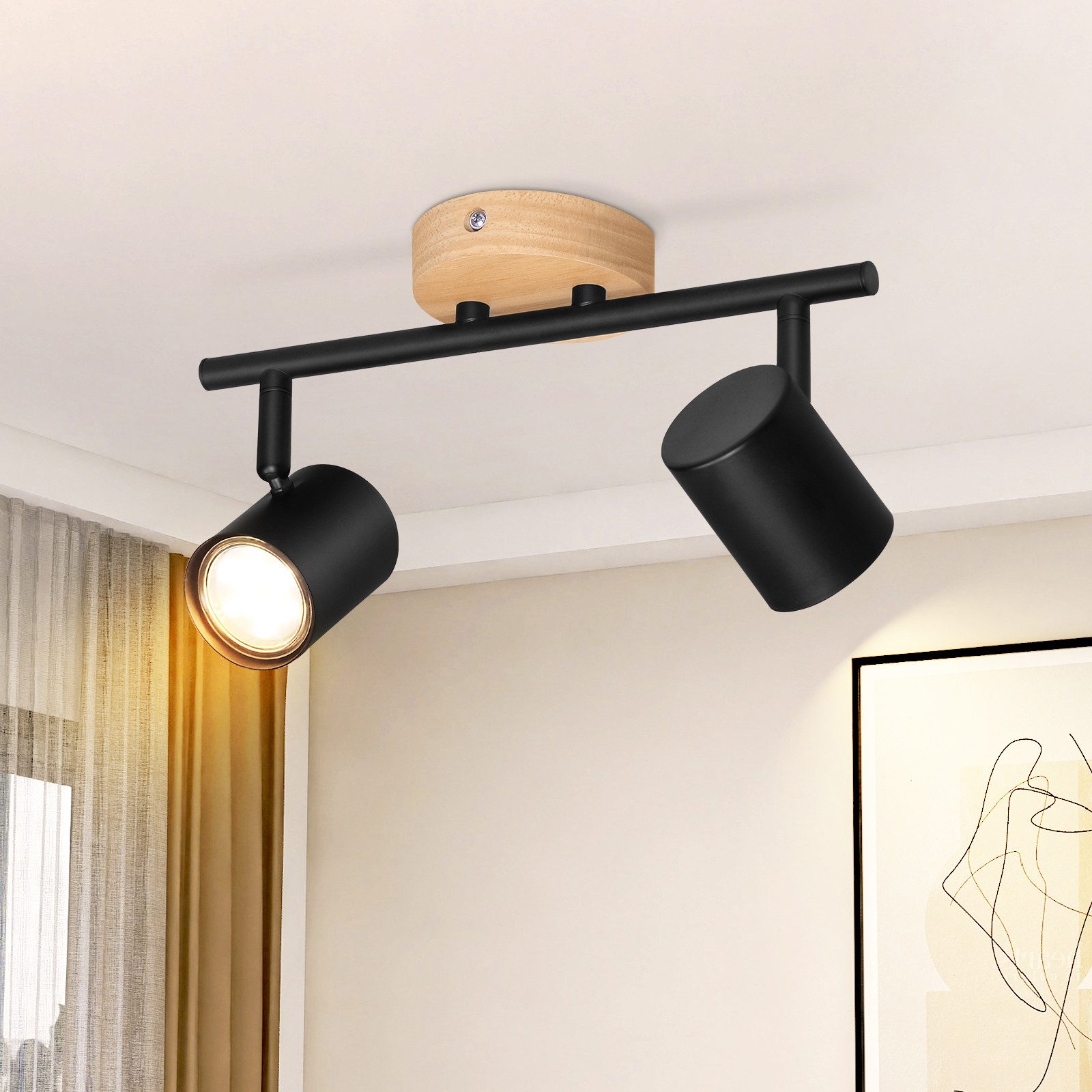 NETTLIFE LED - taklampa med 2 lågor - svart taklampa GU10 vridbar spotlight i trä utan lampa
