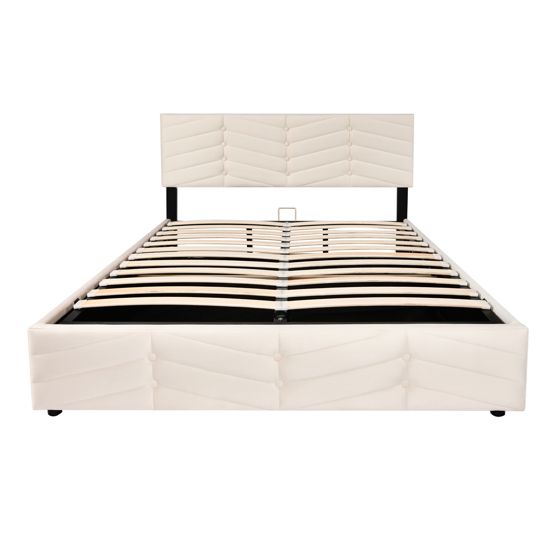Klädd säng 140 x 190 cm, beige sammet, höjderjusterbart huvudända