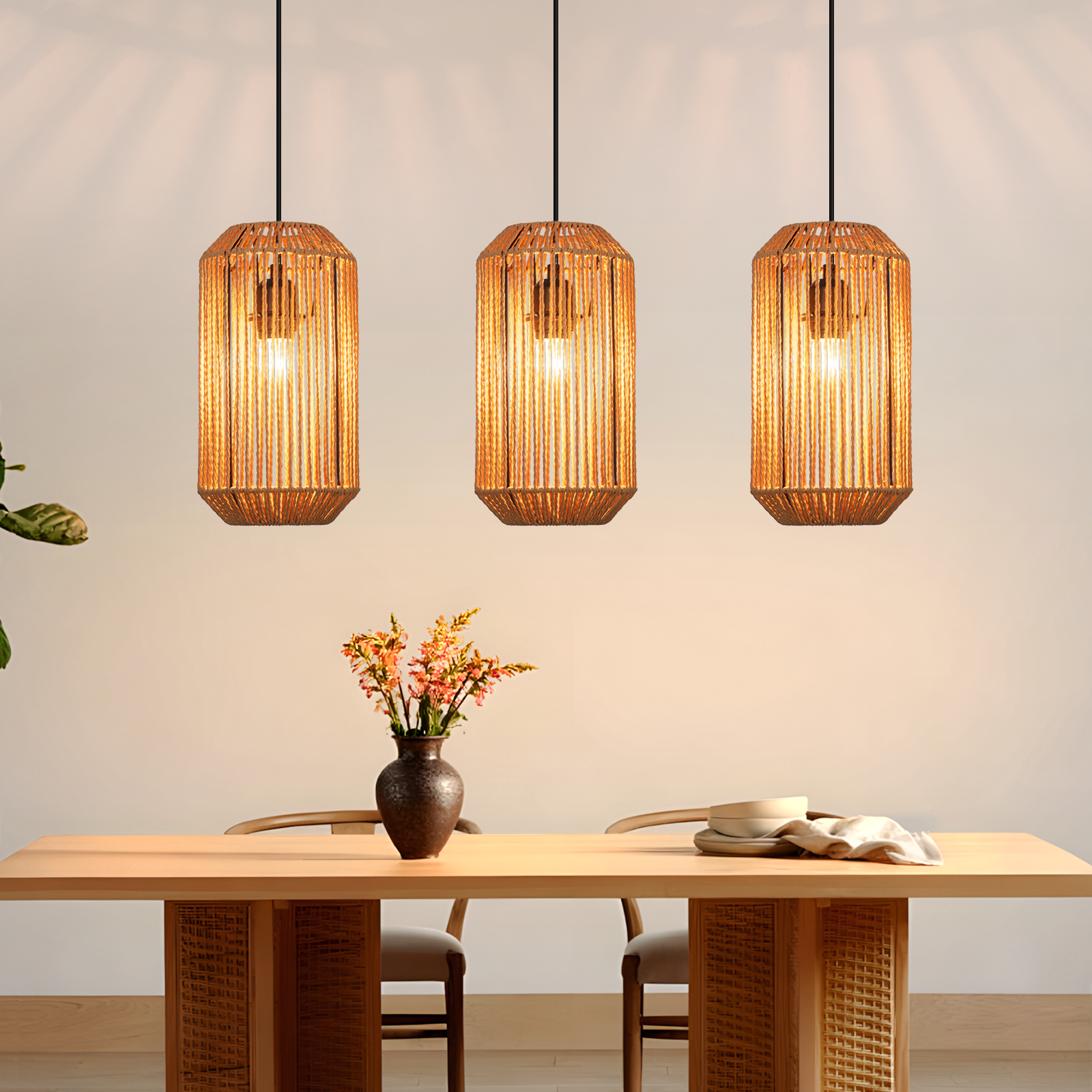 NETTLIFE 3-ljuslampor rottingpendellampa vintage flätad hö E27 boho justerbar höjd sovrum vardagsrum (lampa ingår ej)