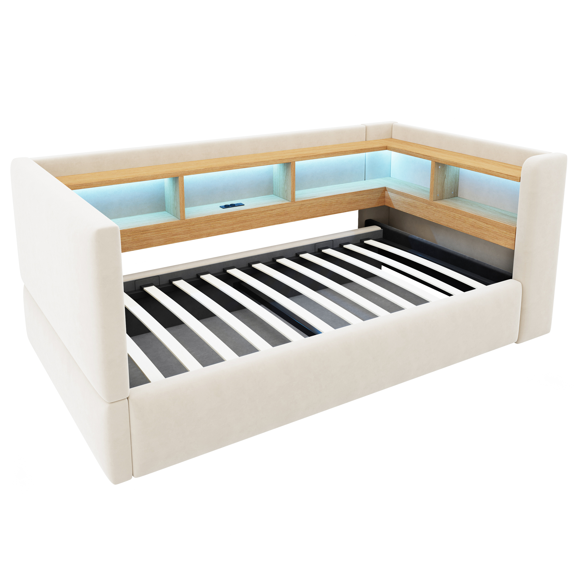 säng 90x190 cm beige flanell metall mdf med hydraulisk förvaring LED-belysning och stickkontakter