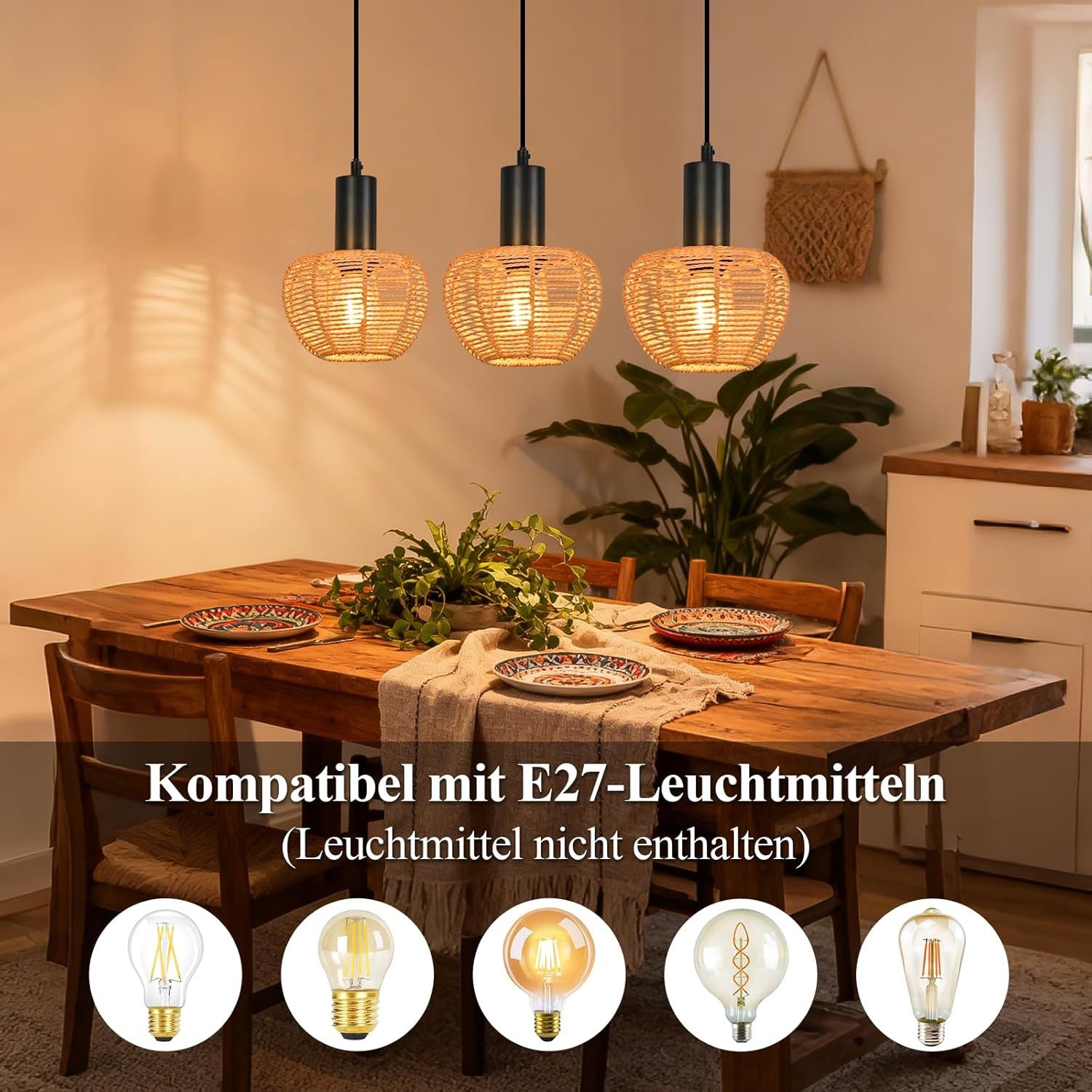 NETTLIFE pendellampa retro bohemisk svart rottingpendellampa, 3 ljuskällor E27