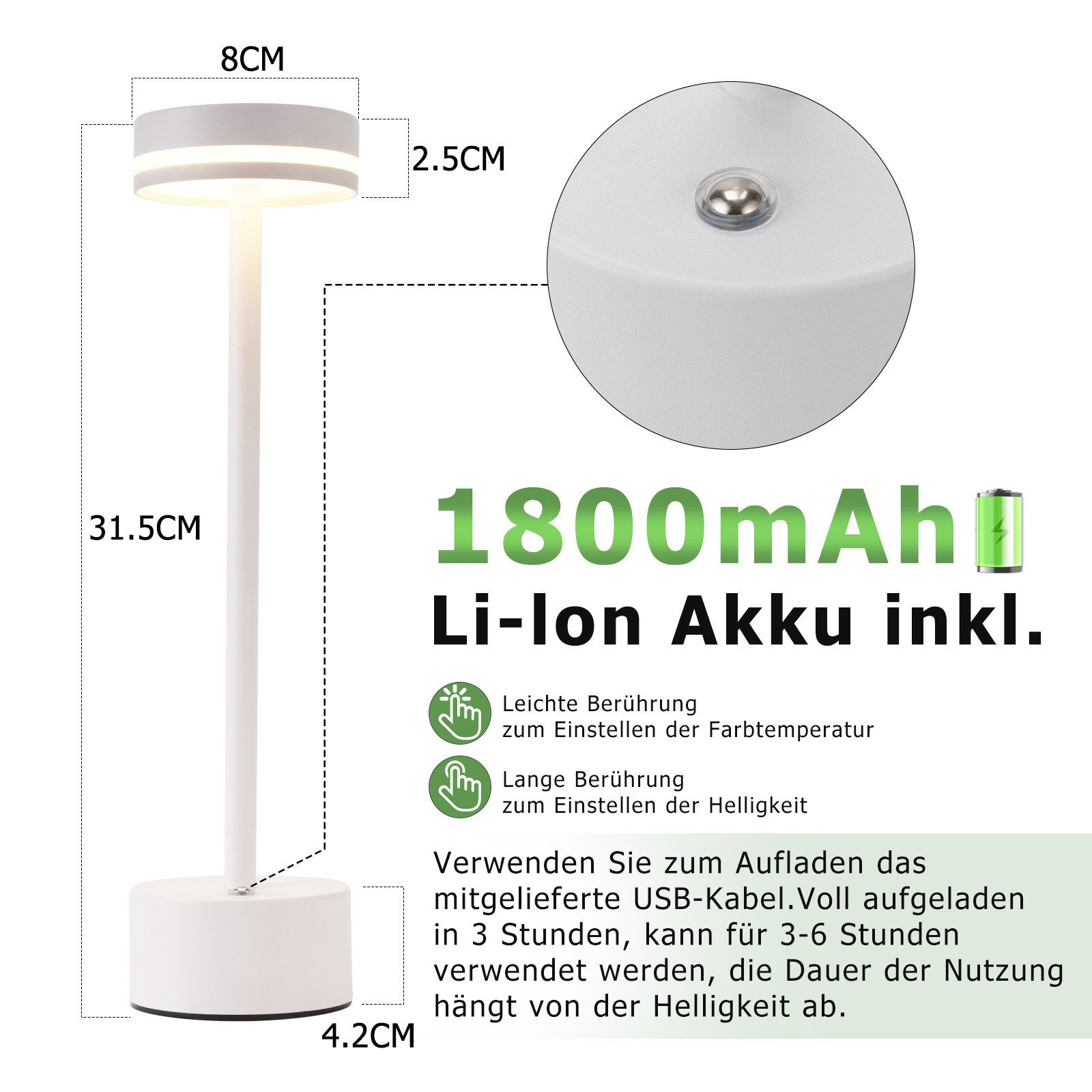 NETTLIFE LED-bordslampa, trådlös och laddningsbar, dimbar med touchkontroll, USB-C, vit, 2 st.