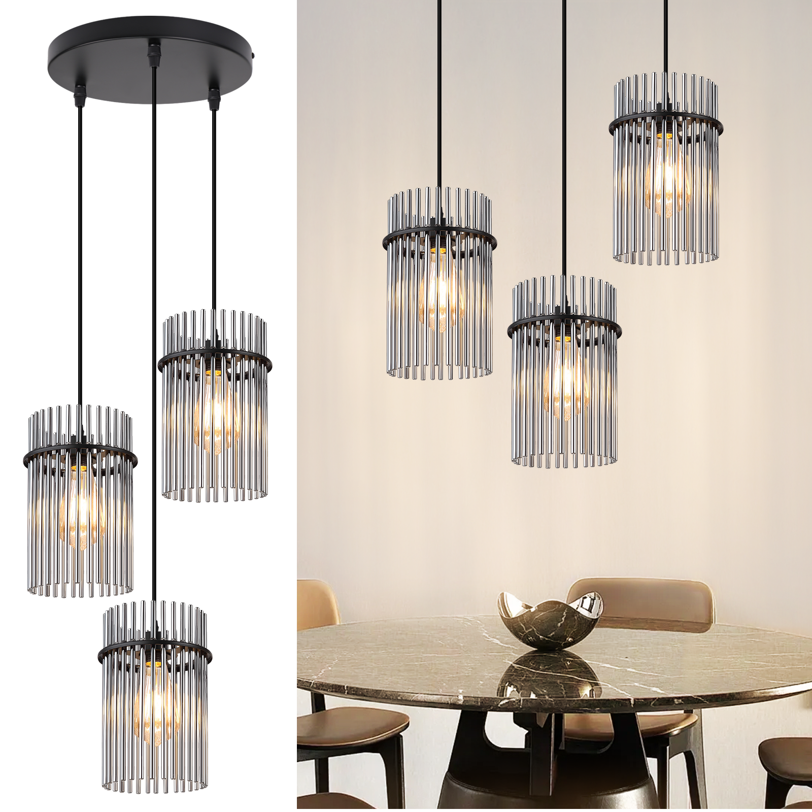 NETTLIFE Svart hänglampa, Glaspendellampa med E27-hållare, 1 ljuskälla, 16 cm, För matbord, För sovrum (utan glödlampa)