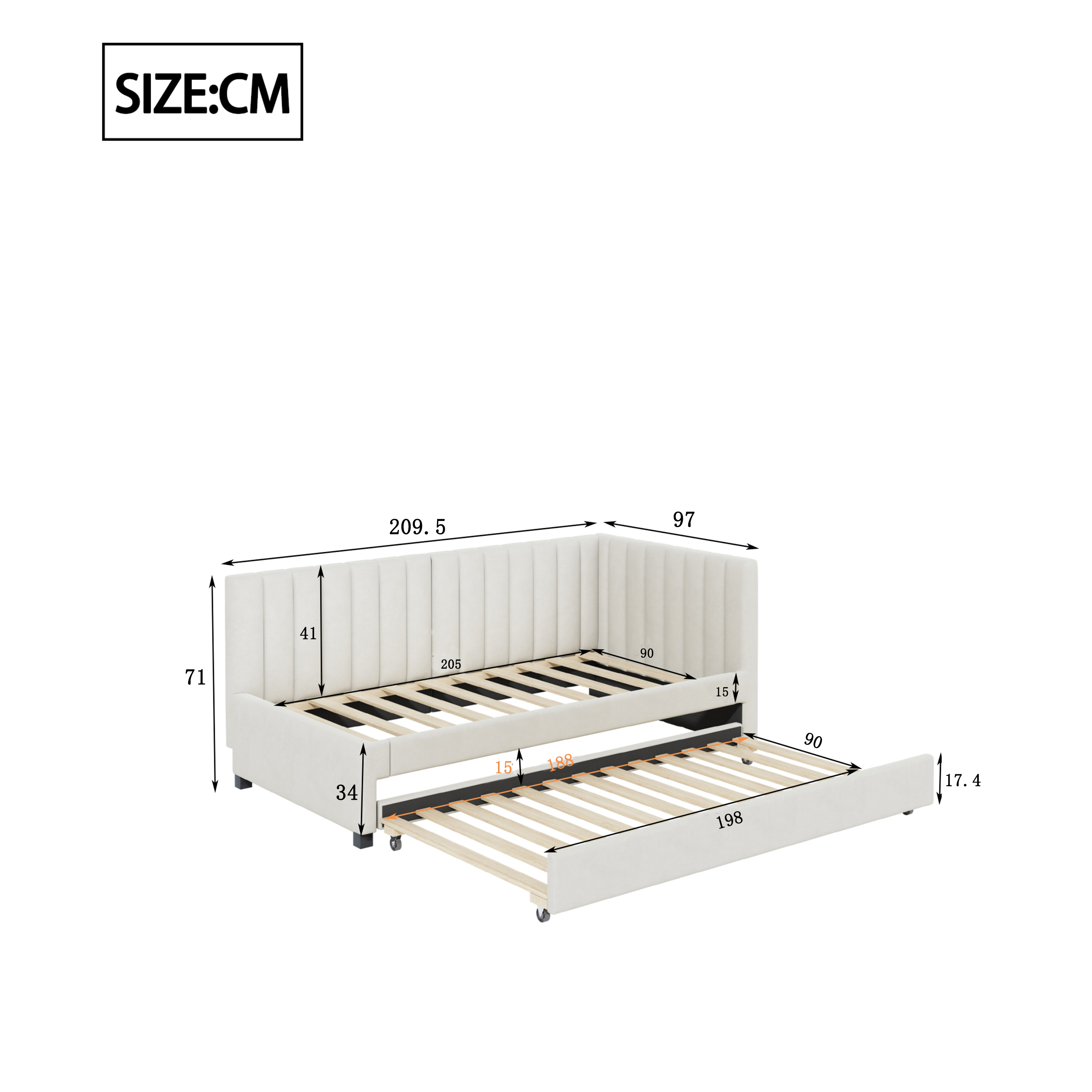 Bäddsoffa 90 x 200 cm, beige sammet, utdragbar