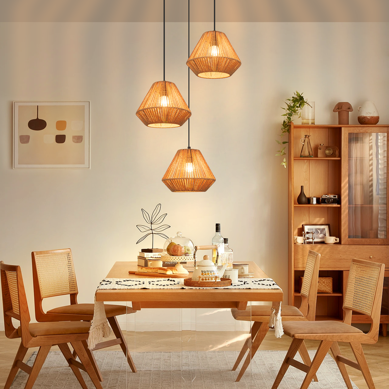 NETTLIFE 3-ljuslampor rottingpendellampa vintage flätad hö E27 boho justerbar höjd sovrum vardagsrum (lampa ingår ej)
