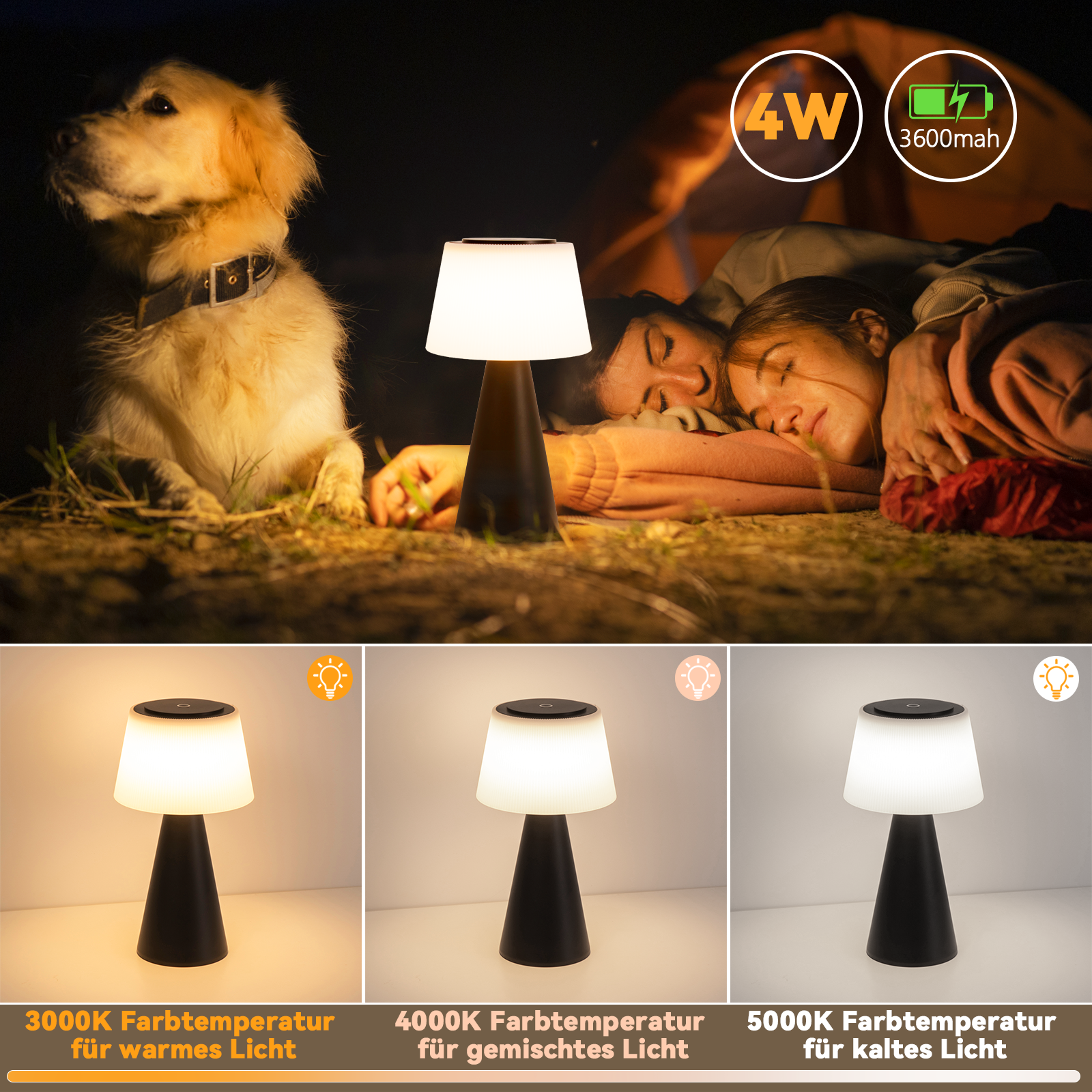 NETTLIFE Batteridriven bordslampa, LED - nattlampa - 3600mh A, Trådlös, dimbar Touch-lampa USB - uppladdningsbar, med batteri, svart