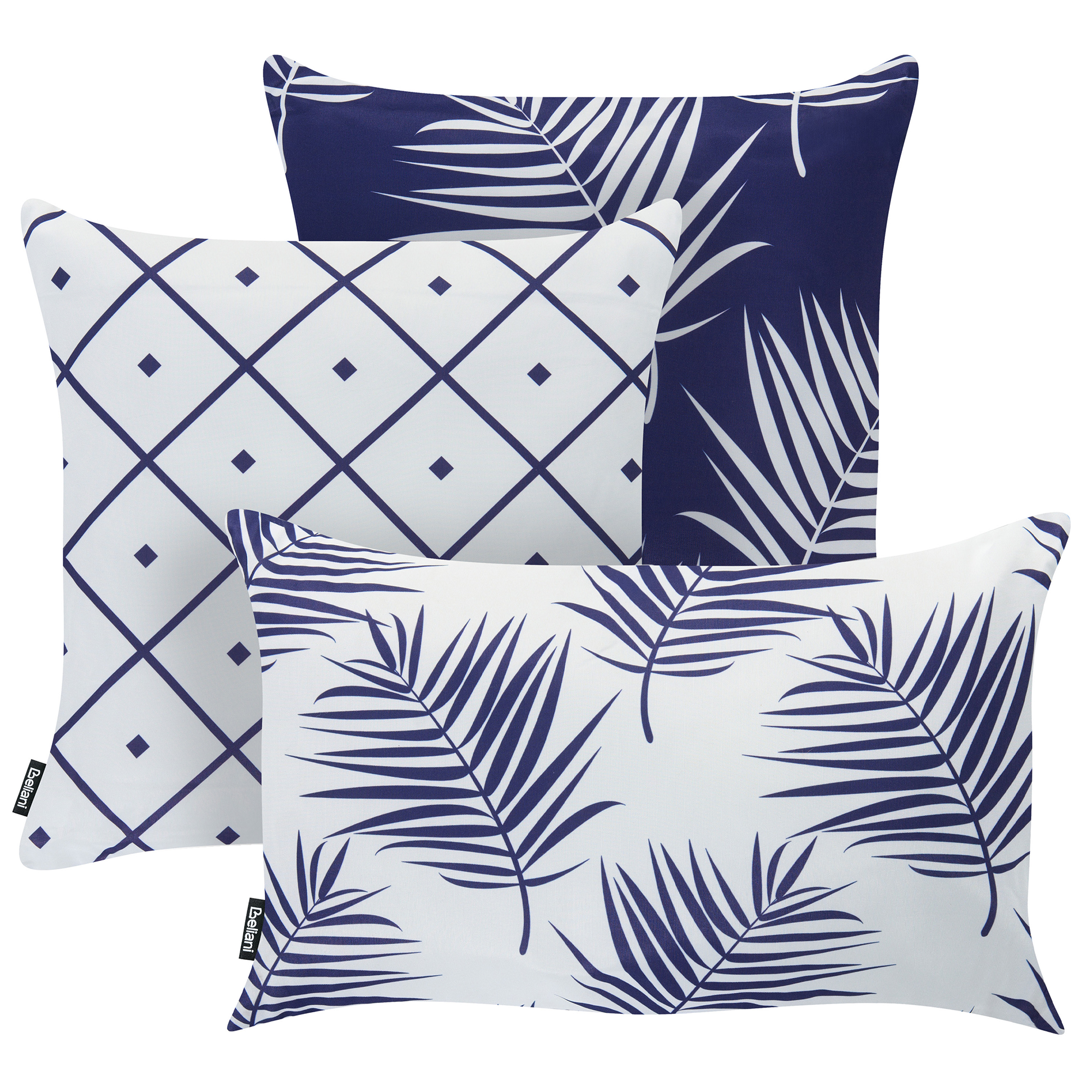 Set med 3 utomhusdynor BIRDWOOD Växtmotiv 30 x 50 cm 45 x 45 cm Marinblå
