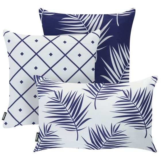 Set med 3 utomhusdynor BIRDWOOD Växtmotiv 30 x 50 cm 45 x 45 cm Marinblå