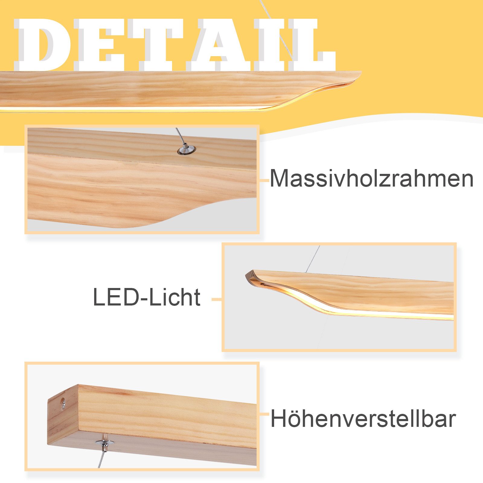 NETTLIFE LED-pendellampa i trä - modern design matbordslampa 90 cm dimbar med fjärrkontroll