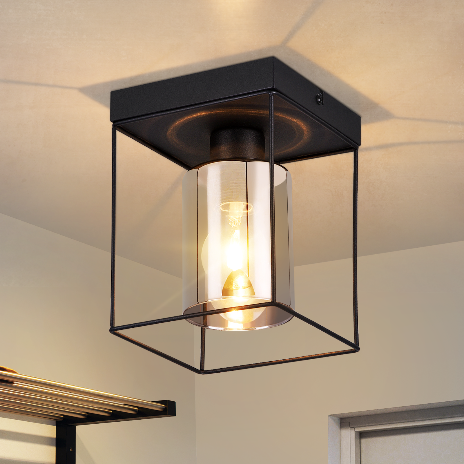 NETTLIFE - taklampa för hallen, taklampa i glas, 1 lampa, E27, vintagestil, svart metall, retro, industriell stil