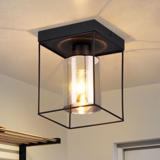 NETTLIFE - taklampa för hallen, taklampa i glas, 1 lampa, E27, vintagestil, svart metall, retro, industriell stil