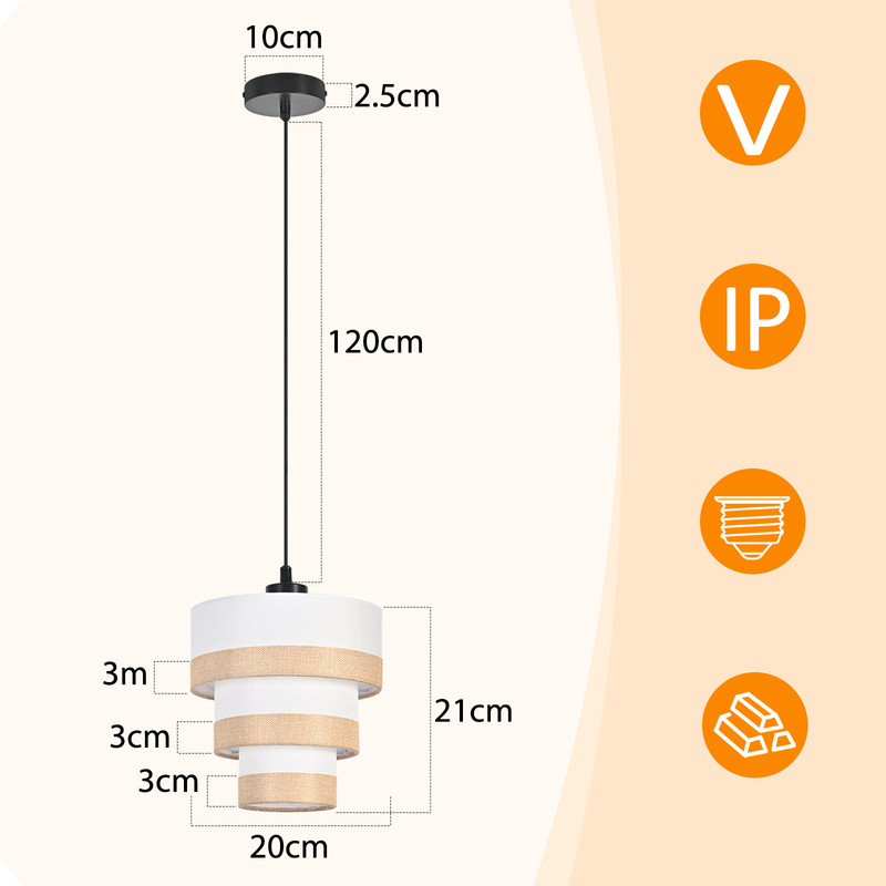NETTLIFE Hänglampa vintage 1 lampa tyg, E27, rustik, höjdjusterbar (utan glödlampor)