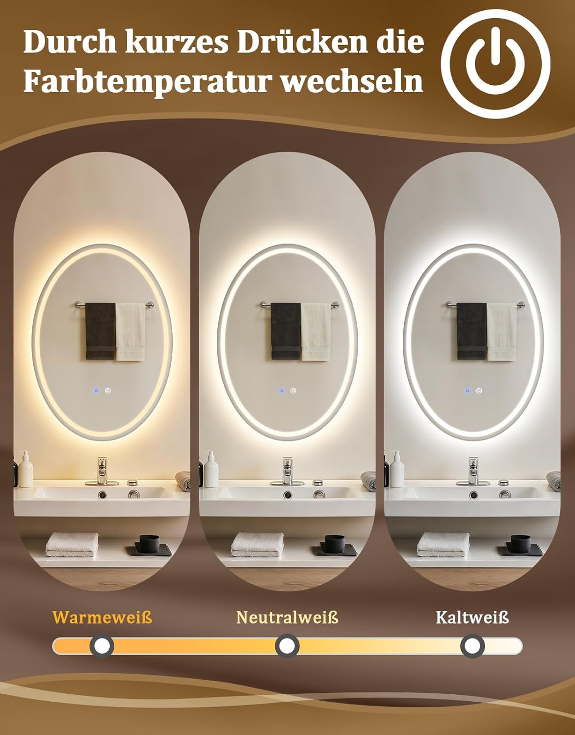 NETTLIFE Oval LED Badrumsspegel 50x70cm, Pekskärm, Imfri, Dimbar 3000-6500K, IP44 Belyst Spegel