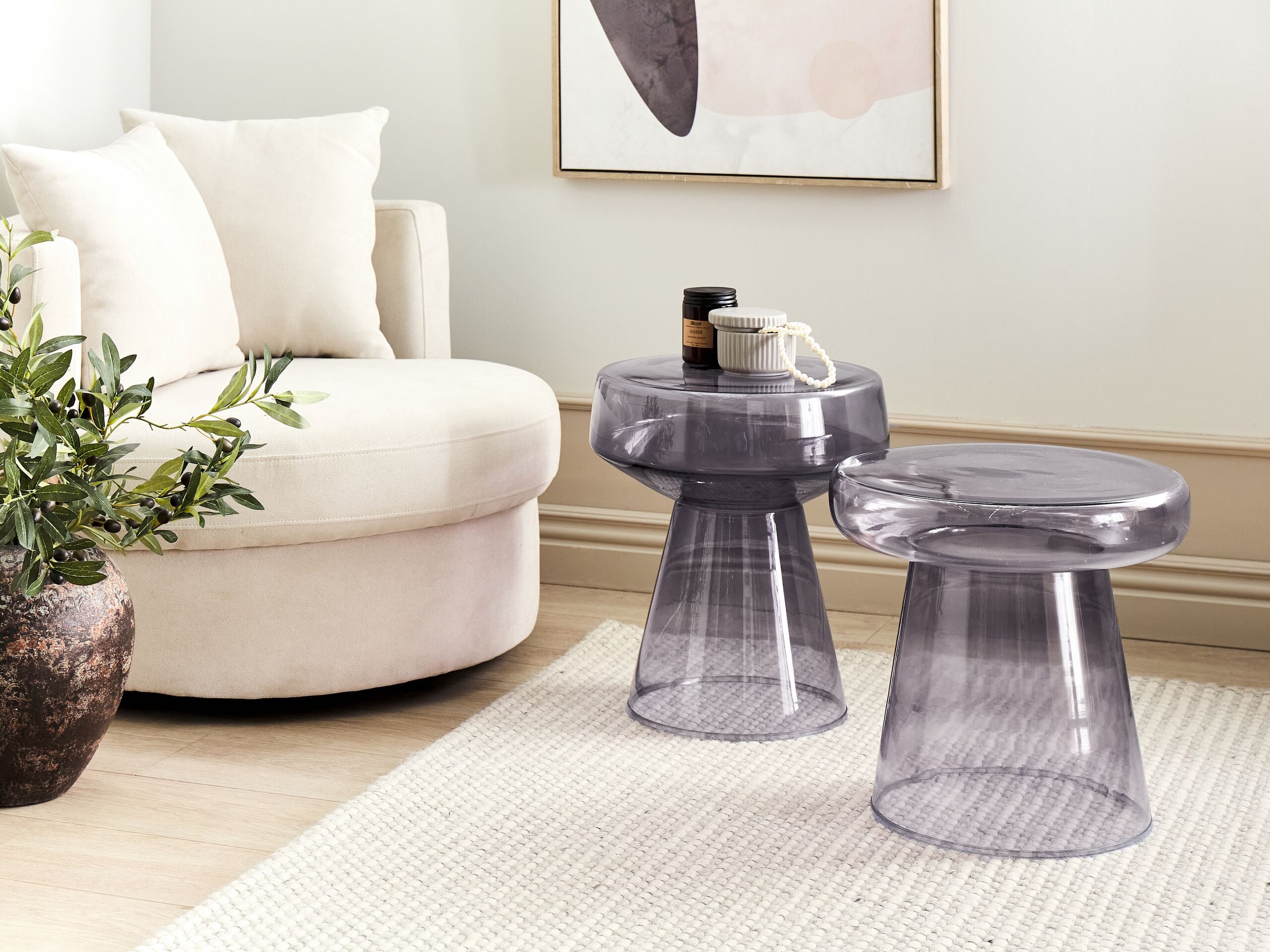 Set med 2 sidobord LAGUNA/CALDERA Glas Grå