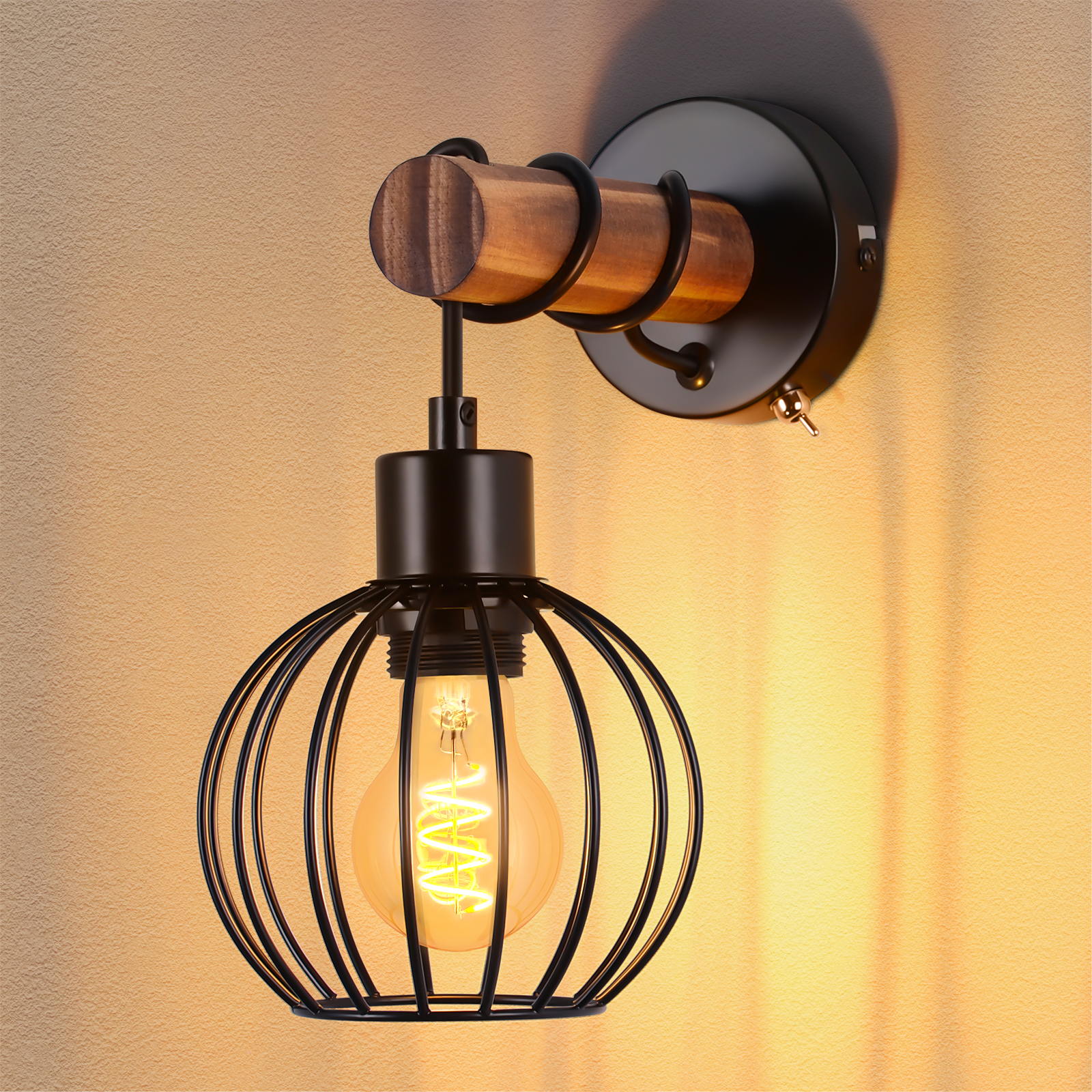 NETTLIFE Vintage vägglampa i trä för vardagsrummet: vägglampa med strömbrytare, svart vägglampa med industriell design E27