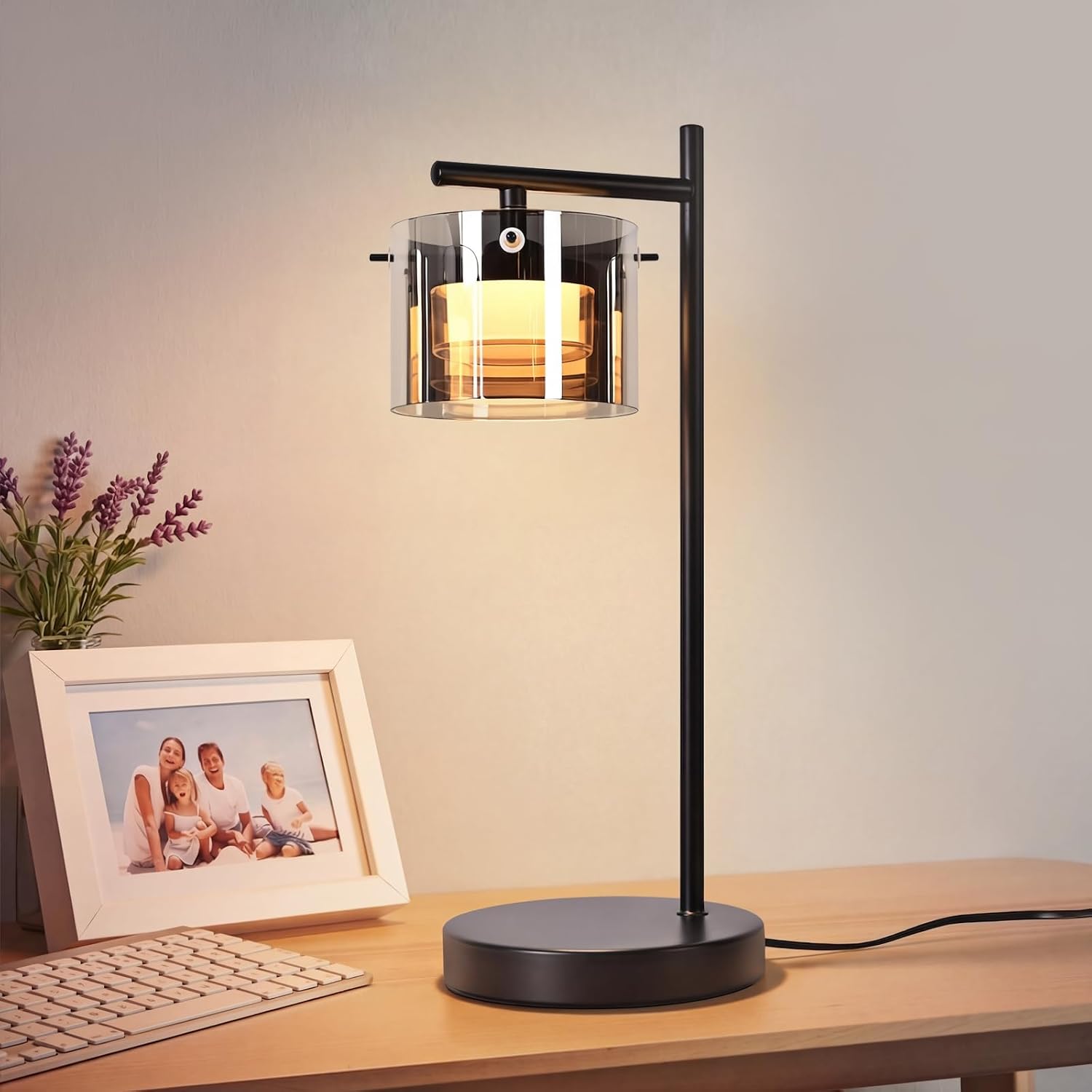 NETTLIFE LED-bordslampa med sladd, svart nattlampa i rökfärgat glas och metall, modernt varmt ljus för vardagsrum, sovrum, kontor