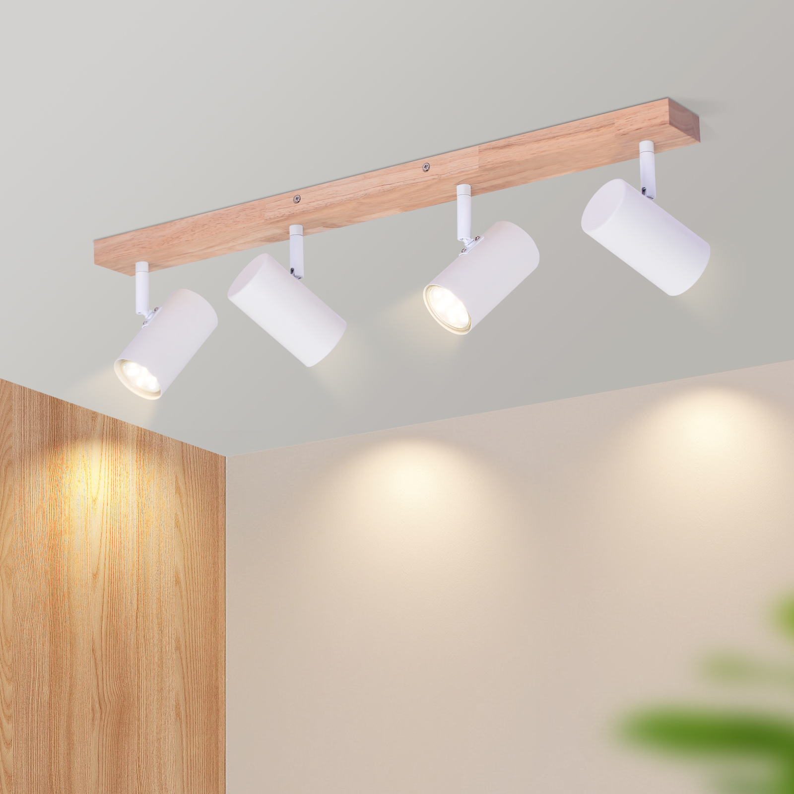 NETTLIFE takspotlight, 4 lampor, vit, trätaklampa, GU10, vintage, 350° vridbar