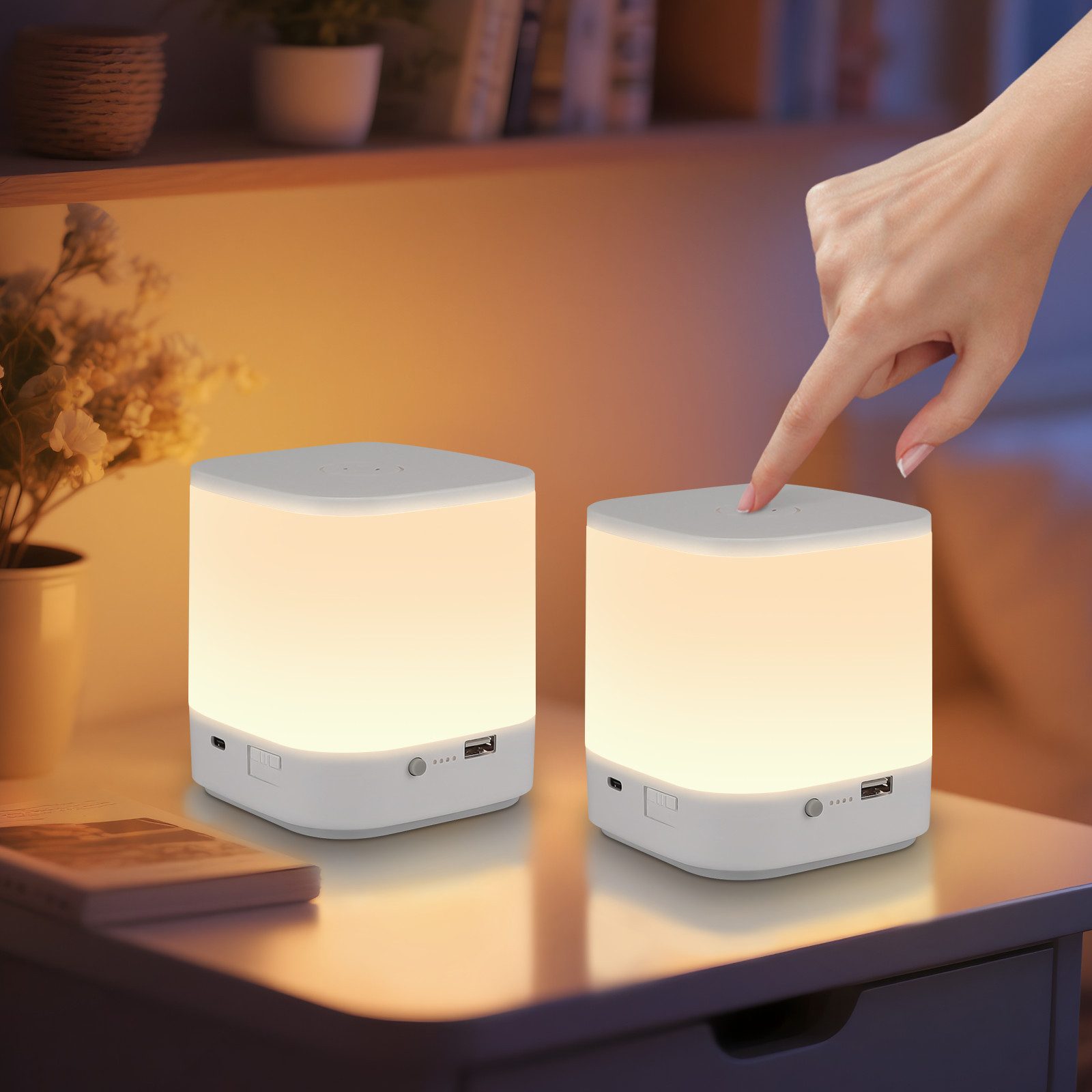 NETTLIFE 2 st LED-bordslampor med 3 färgtemperaturer, sänglampa, 3600 mAh batteri, USB-laddning