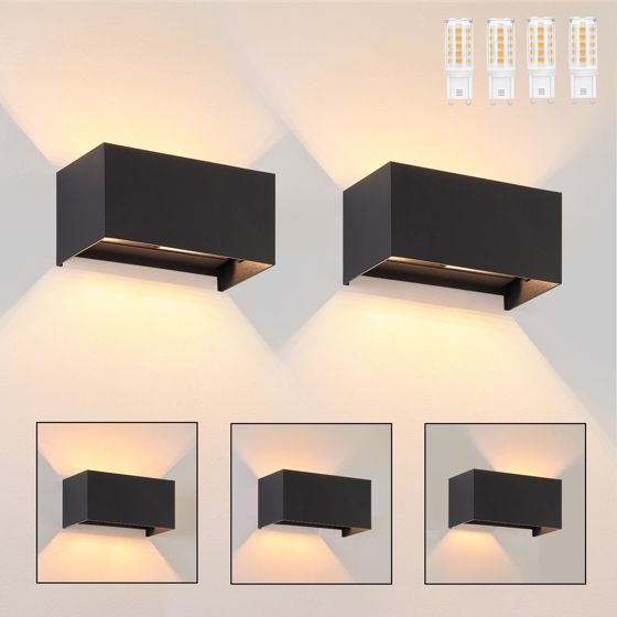 NETTLIFE 2 svarta LED-vägglampor IP65, justerbart varmvitt ljus G9, för vardagsrum, trädgård, terrass