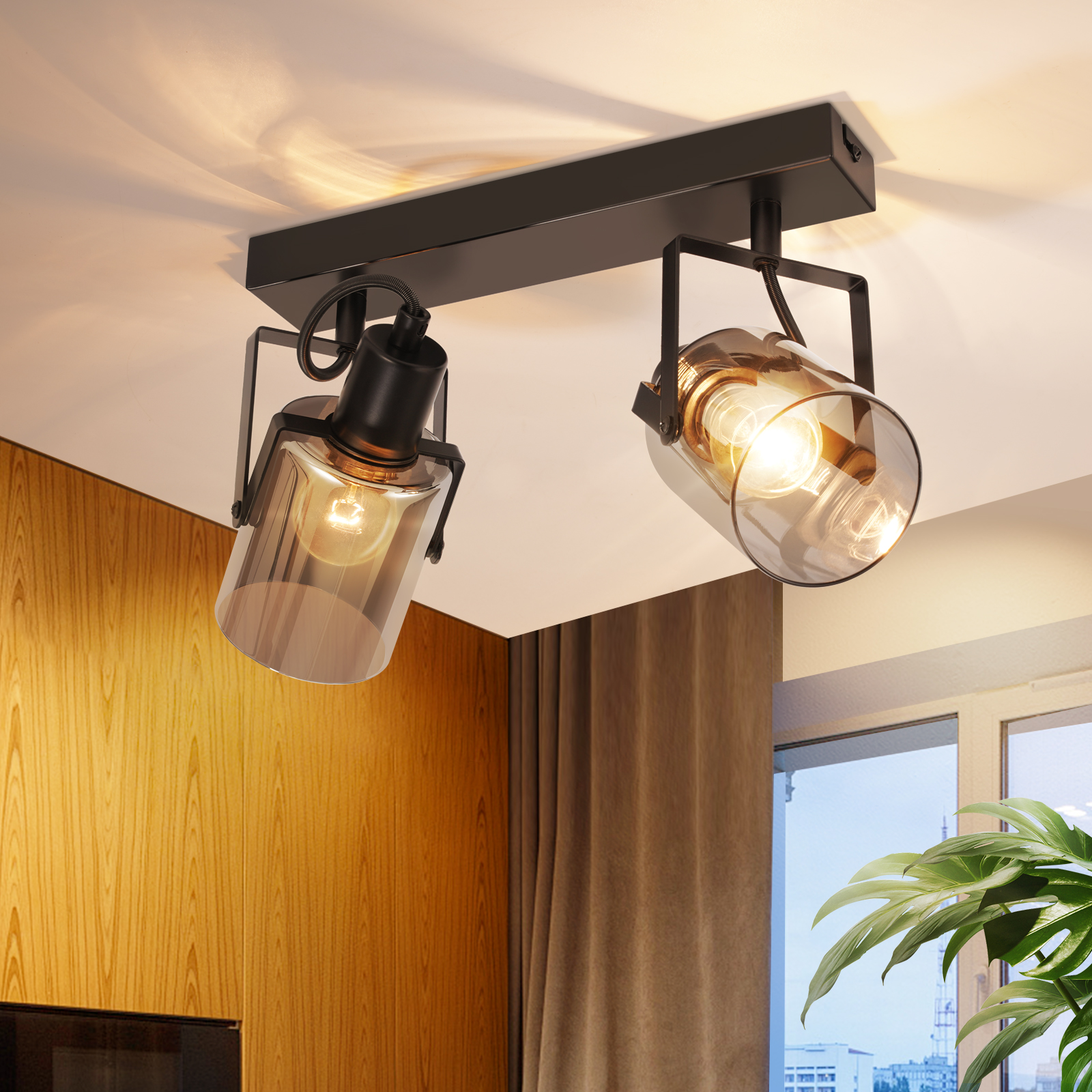 NETTLIFE - takspotlight, svart, vintagestil, 2 E14-lampor, taklampa i glas, retro