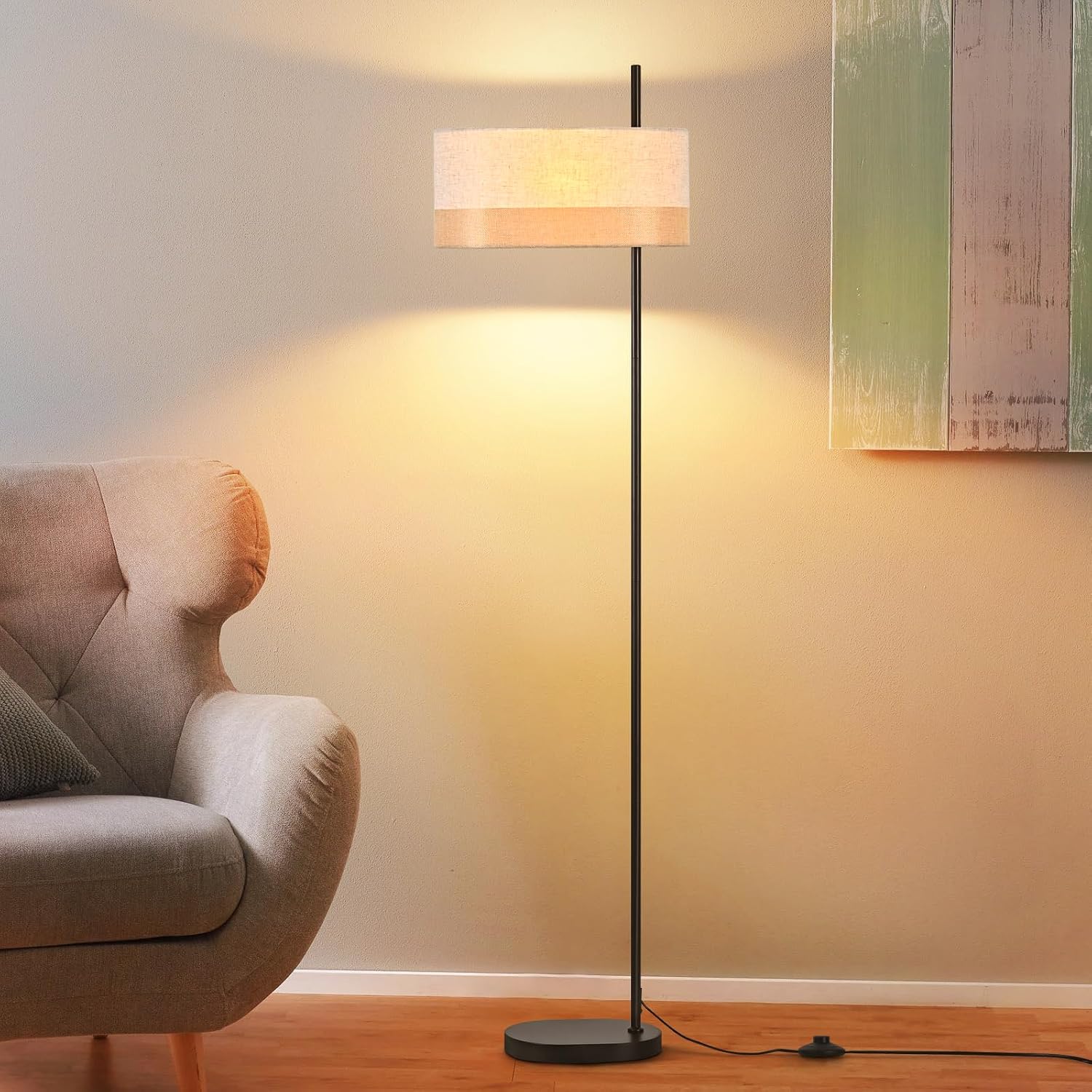 NETTLIFE vintage golvlampa vit mönstrad skärm retrostil rustik E27-lampa med fotströmbrytare för vardagsrum/sovrum