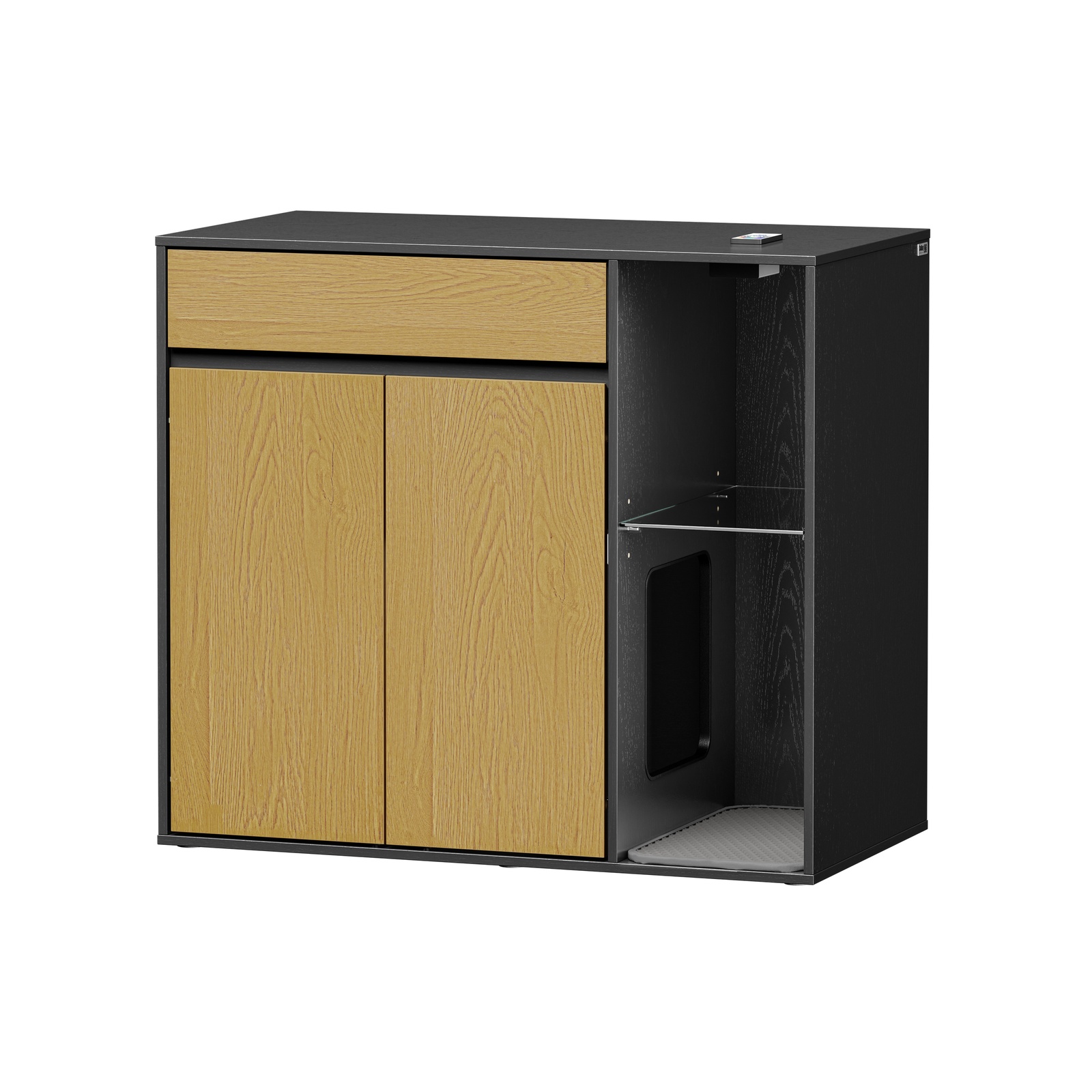Kattlådemöbel med låda i svart och ljus ek 85x45x75 cm HAT08-E-SCH