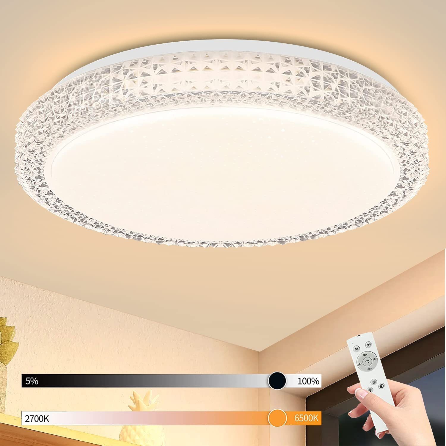 NETTLIFE LED-taklampa med fjärrkontroll och dimbar 18W, diameter, 30cm, modern kristall, stjärnhimmel, lämplig för sovrum