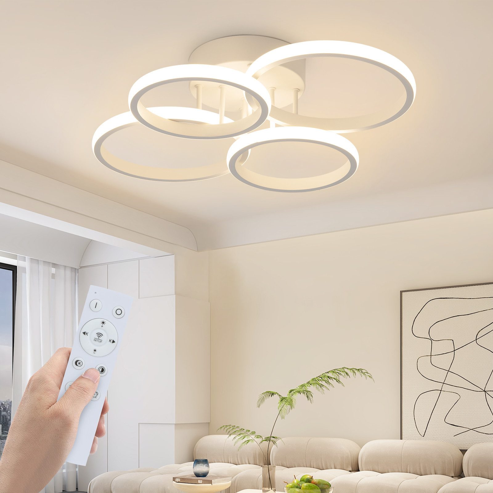 NETTLIFE LED-taklampa, LED-taklampa med 4 ringar, dimbar, vit, 48 W, vardagsrumslampa
