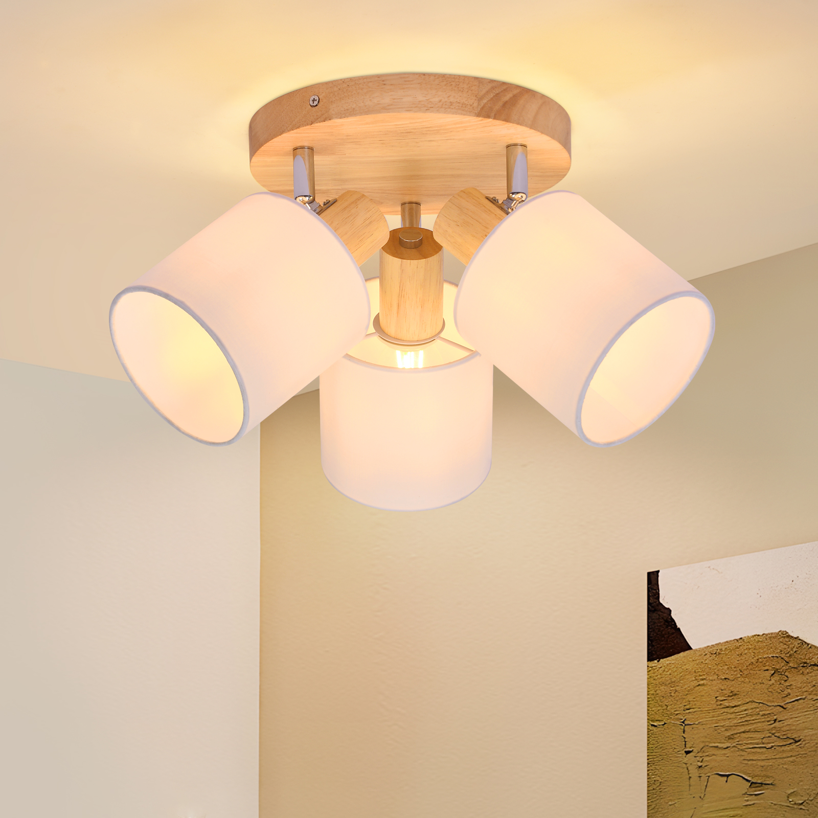 NETTLIFE - takspotlight, 3 lampor, rund trä-LED - taklampa, E14, 350° vinklingsbar