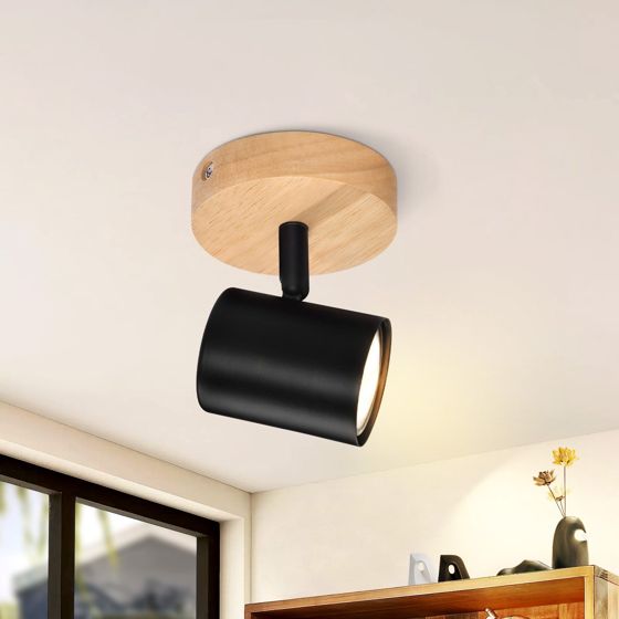 NETTLIFE LED-taklampa med 1 låga - Svart GU10-taklampa Roterande spotlight i trä MAX 40W Utan glödlampa
