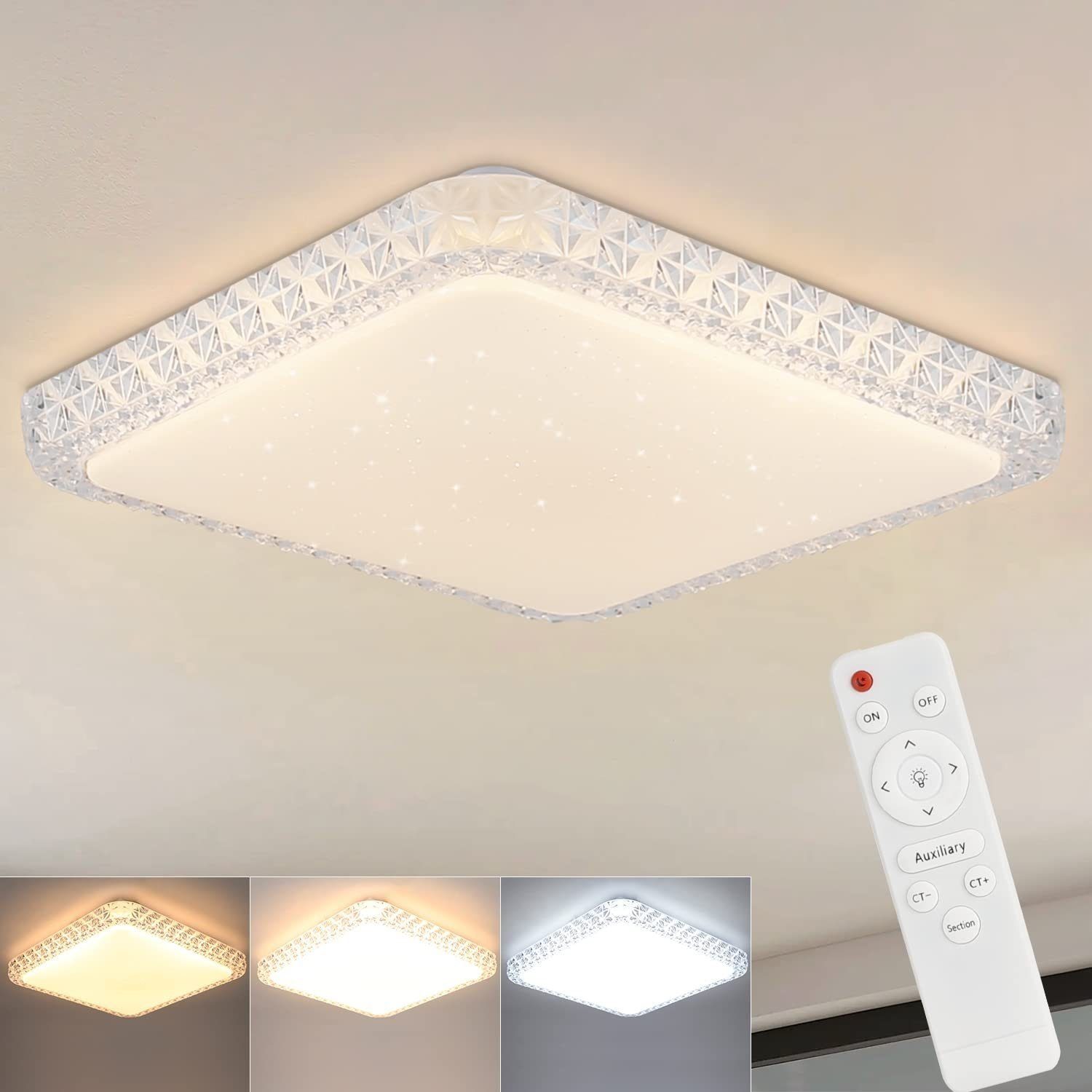 NETTLIFE LED - taklampa För kök, vardagsrum, modern, fyrkantig, 30 cm kristall, stjärnhimmel, form, dimbarMed fjärrkontroll