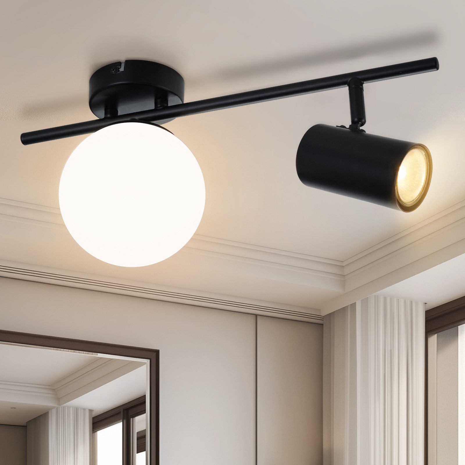 NETTLIFE takspotlight med 2 lågor, svart, modern taklampa, GU10-sockel, vridbar, 40 cm, metallkula, E14