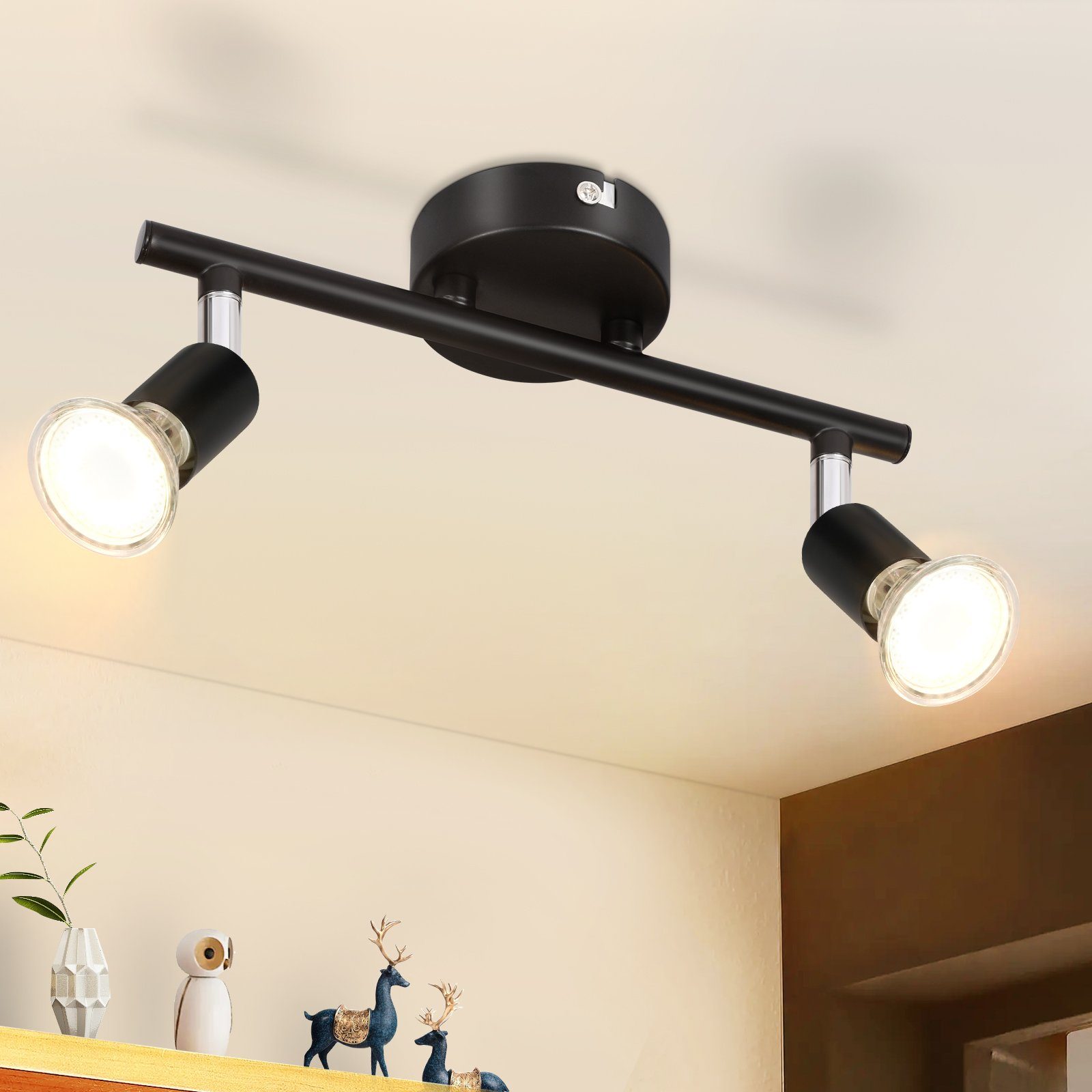 NETTLIFE 2 svarta LED-takspotlights, 330° roterbara, GU10, vägglampa för hall, sovrum, vardagsrum