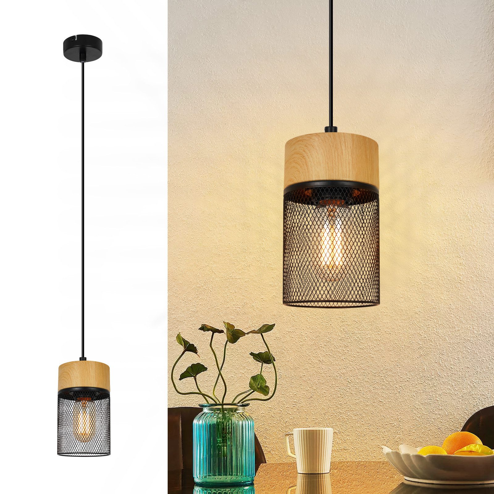 NETTLIFE Vintage - pendellampa, trämönster, matbord, svart, industriell, E27, 25 W, pendellampa