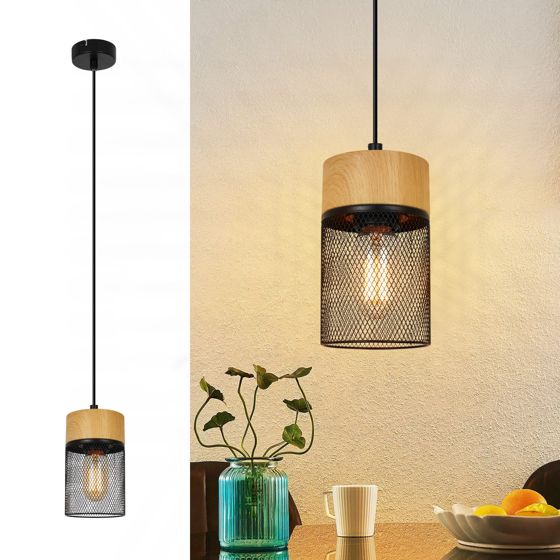 NETTLIFE Vintage - pendellampa, trämönster, matbord, svart, industriell, E27, 25 W, pendellampa