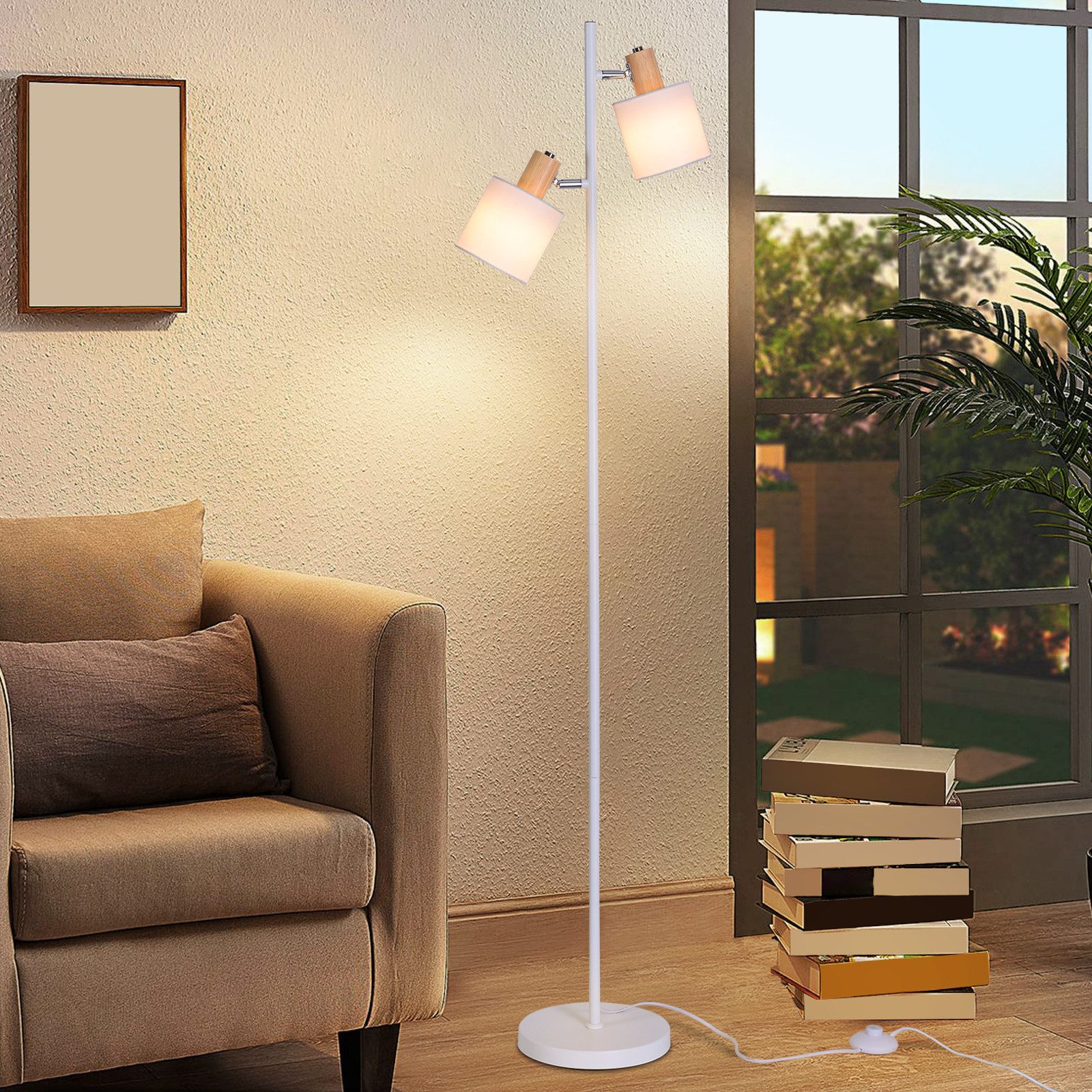 NETTLIFE Golvlampa för vardagsrum, 2 E14-lampor, vintage - vit tygskärm, 145 cm golvlampa