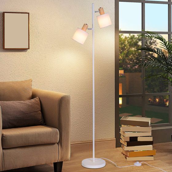 NETTLIFE Golvlampa för vardagsrum, 2 E14-lampor, vintage - vit tygskärm, 145 cm golvlampa
