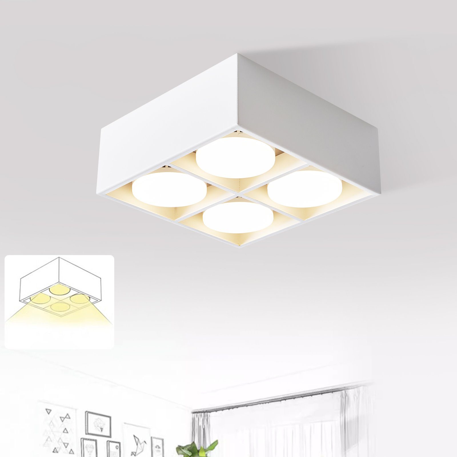 NETTLIFE 4 LED-takmonterade spotlights, justerbara, varmvita, GX53, 4x5W, fyrkantiga, moderna