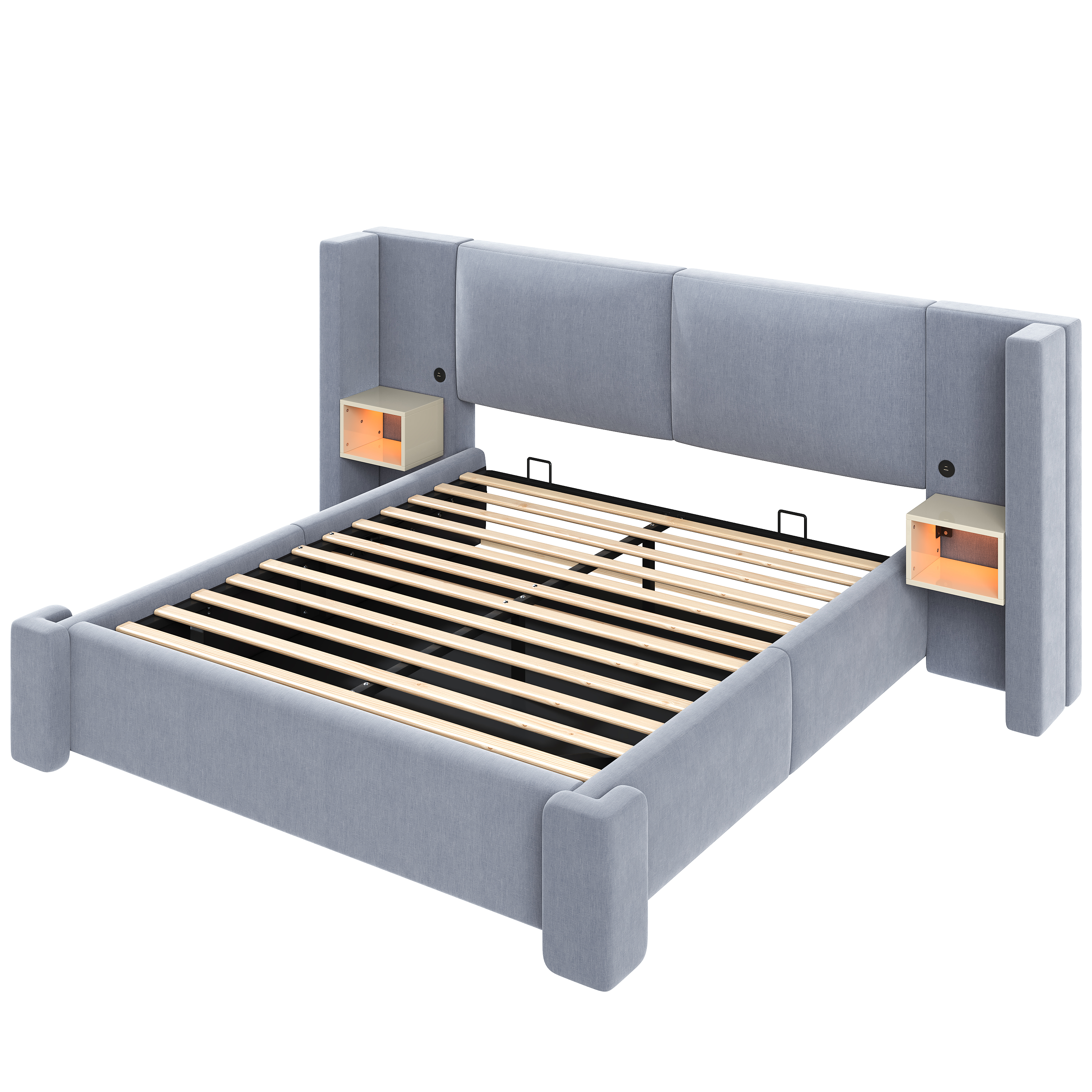 Säng med stoppad gavel 180x200 cm med gasfjäderförvaring, beige linne