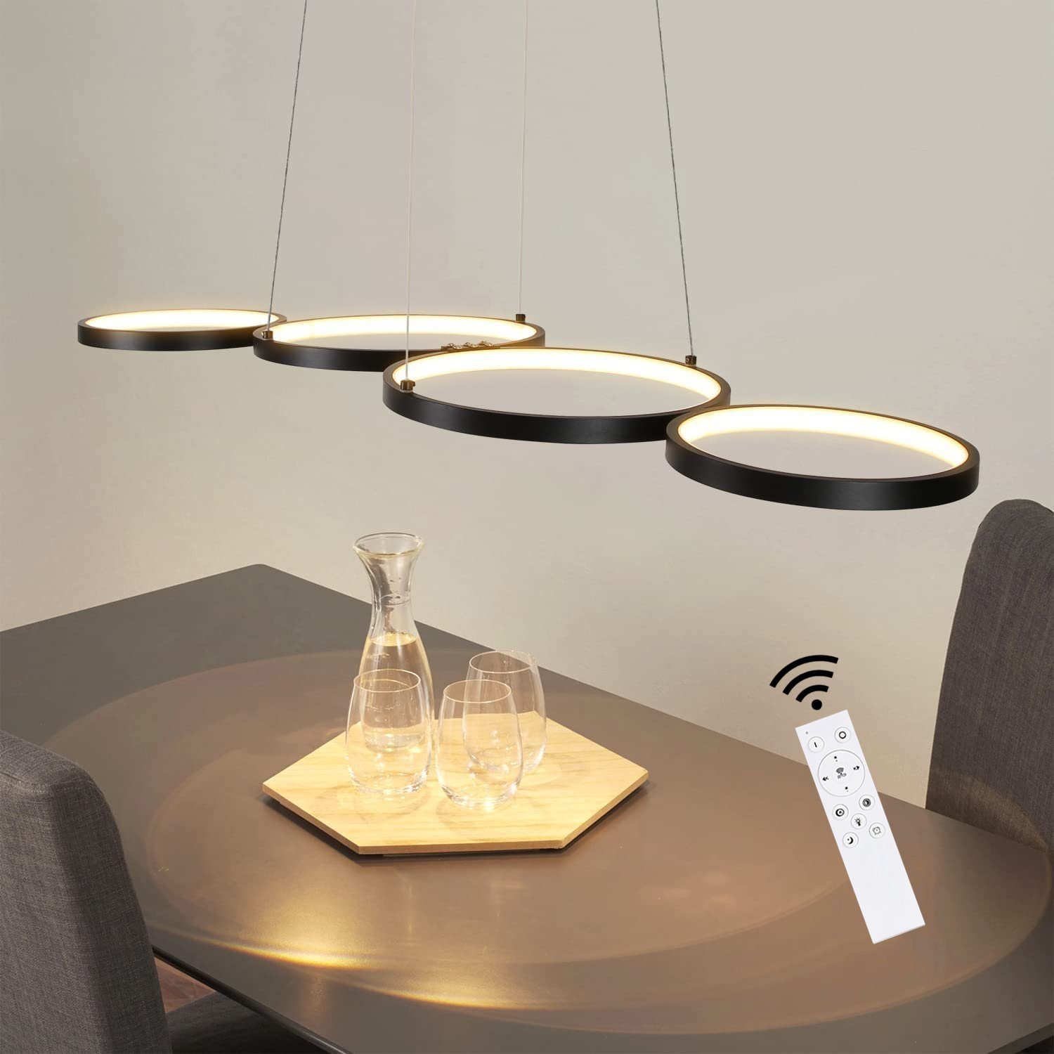 NETTLIFE LED-pendellampa i svart aluminium, diameter 150 cm, 54 W, modern lampa, 4 ringar