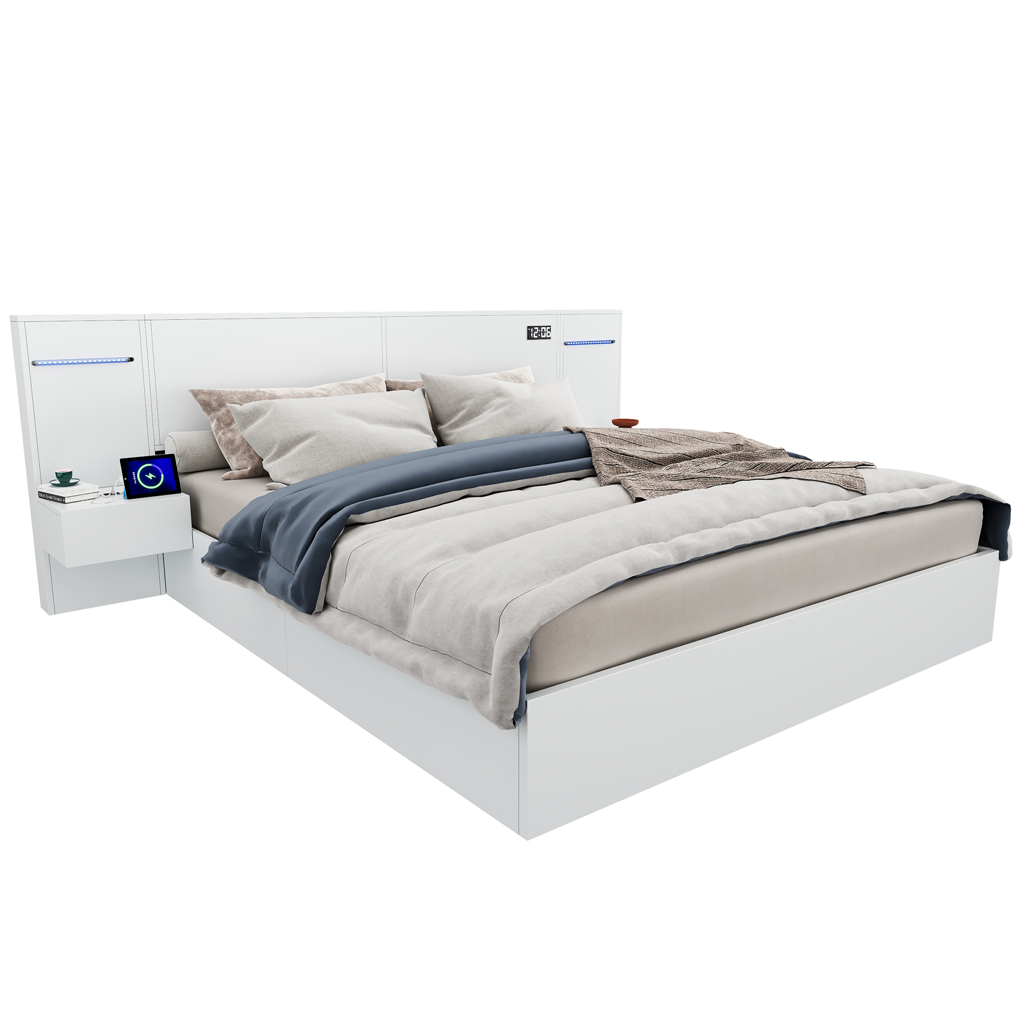 Dubbelsäng 160x200 cm med USB-port, digital klocka, Bluetooth-högtalare och RGB-ljusslinga, vit