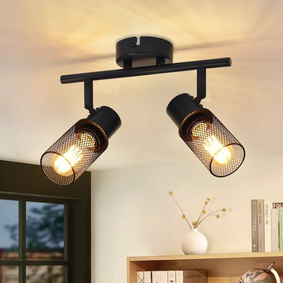 NETTLIFE Taklampa 2 spotlights svart industriell metall justerbar 330° E27 LED för hall vardagsrum